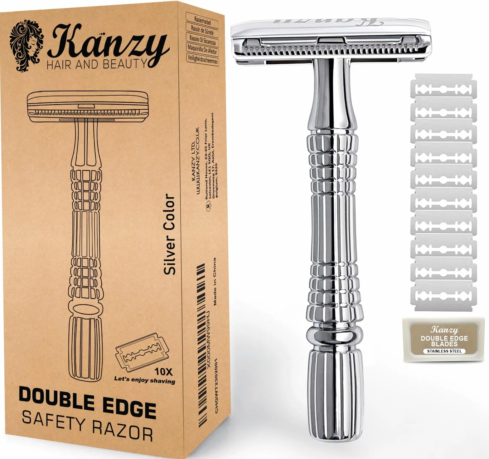 Kanzy Maszynka Do Golenia Double Edge Dla Mężczyzn I Kobiet z 10 ostrzami (Silver)