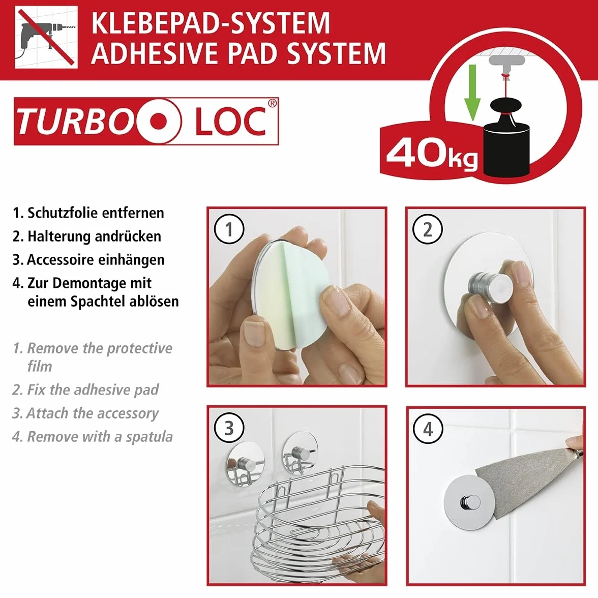 WENKO Turbo-Loc uchwyt na kabel do suszarki do włosów, stal, srebrny, 11,5 x 14 x 7,5 cm