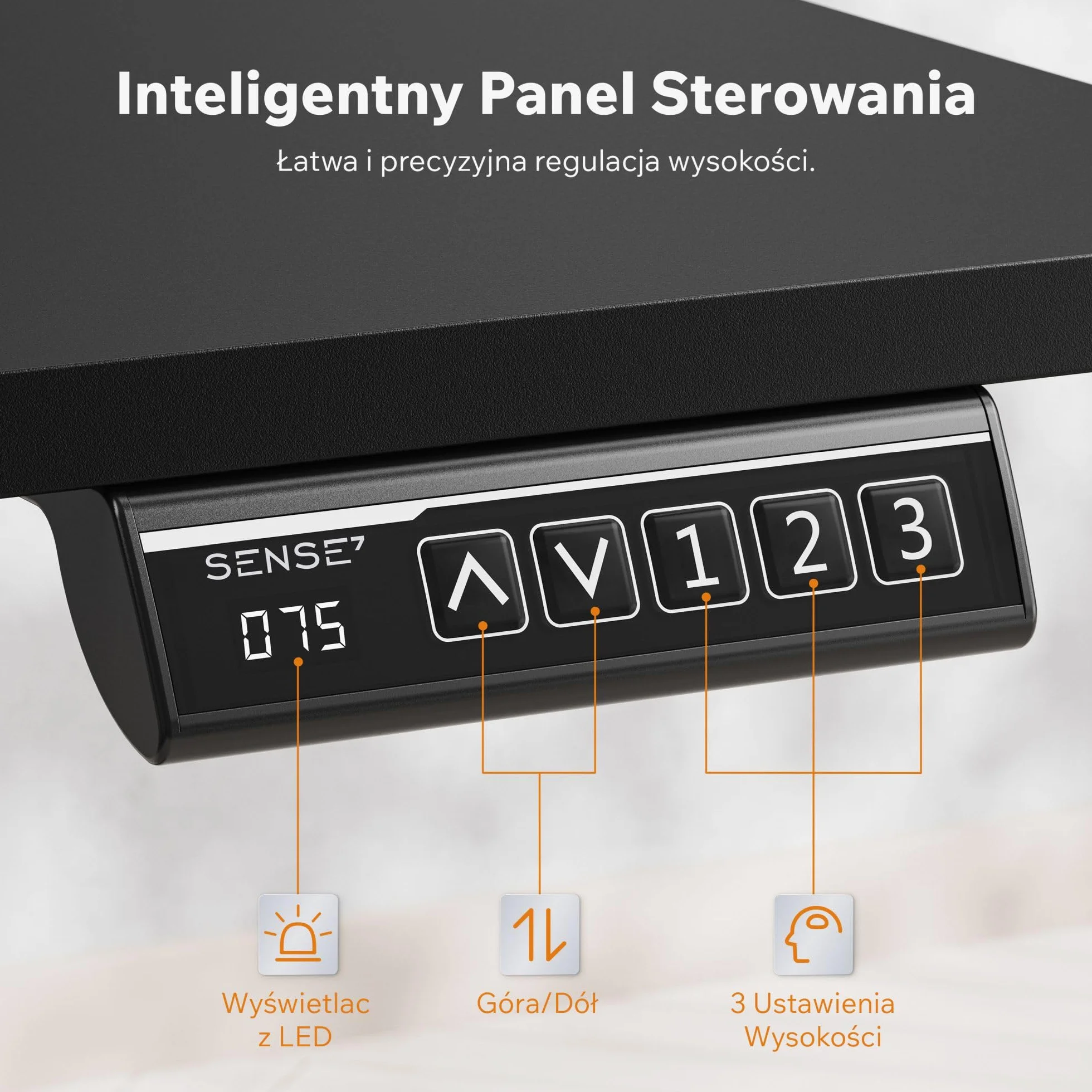 SENSE7 Nojo Light Czarne Biurko Elektryczne 140x70cm 70kg Pamięć Ustawień Cichy Silnik