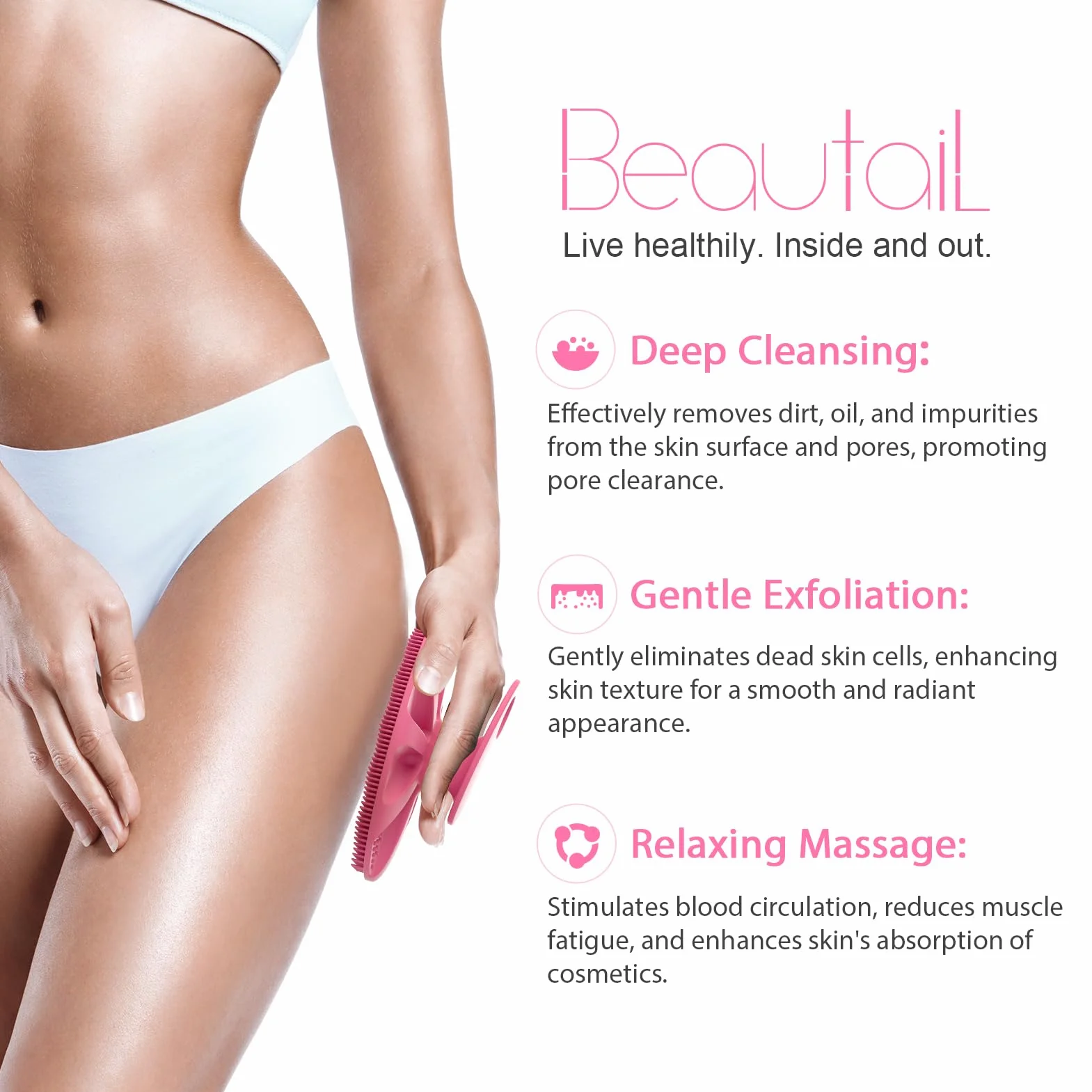 BEAUTAIL silikonowa szczotka do mycia ciała, delikatny peeling, luffa oczyszczająca