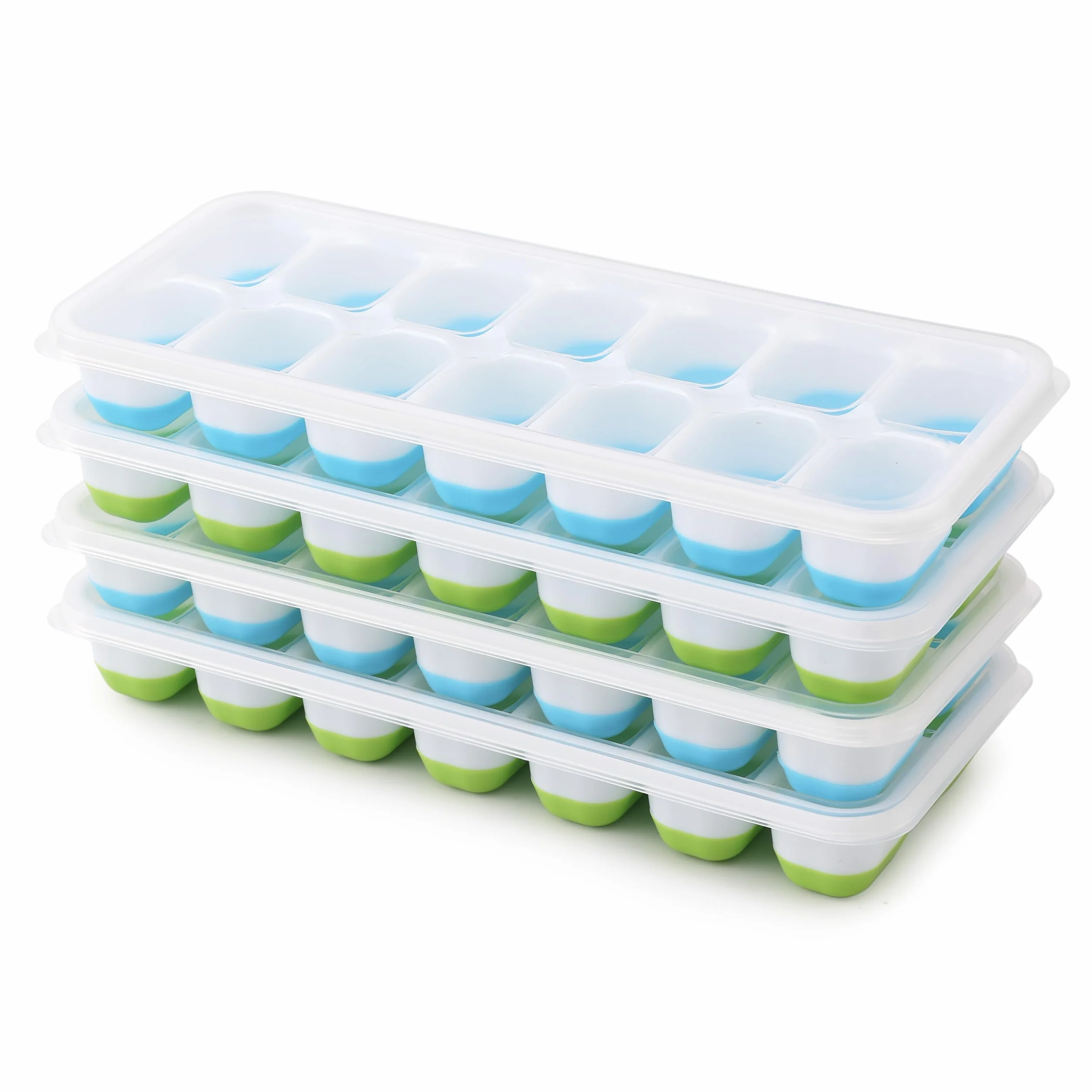 Silikonowe formy do kostek lodu z pokrywką BPA free układane w stos 2 niebieskie