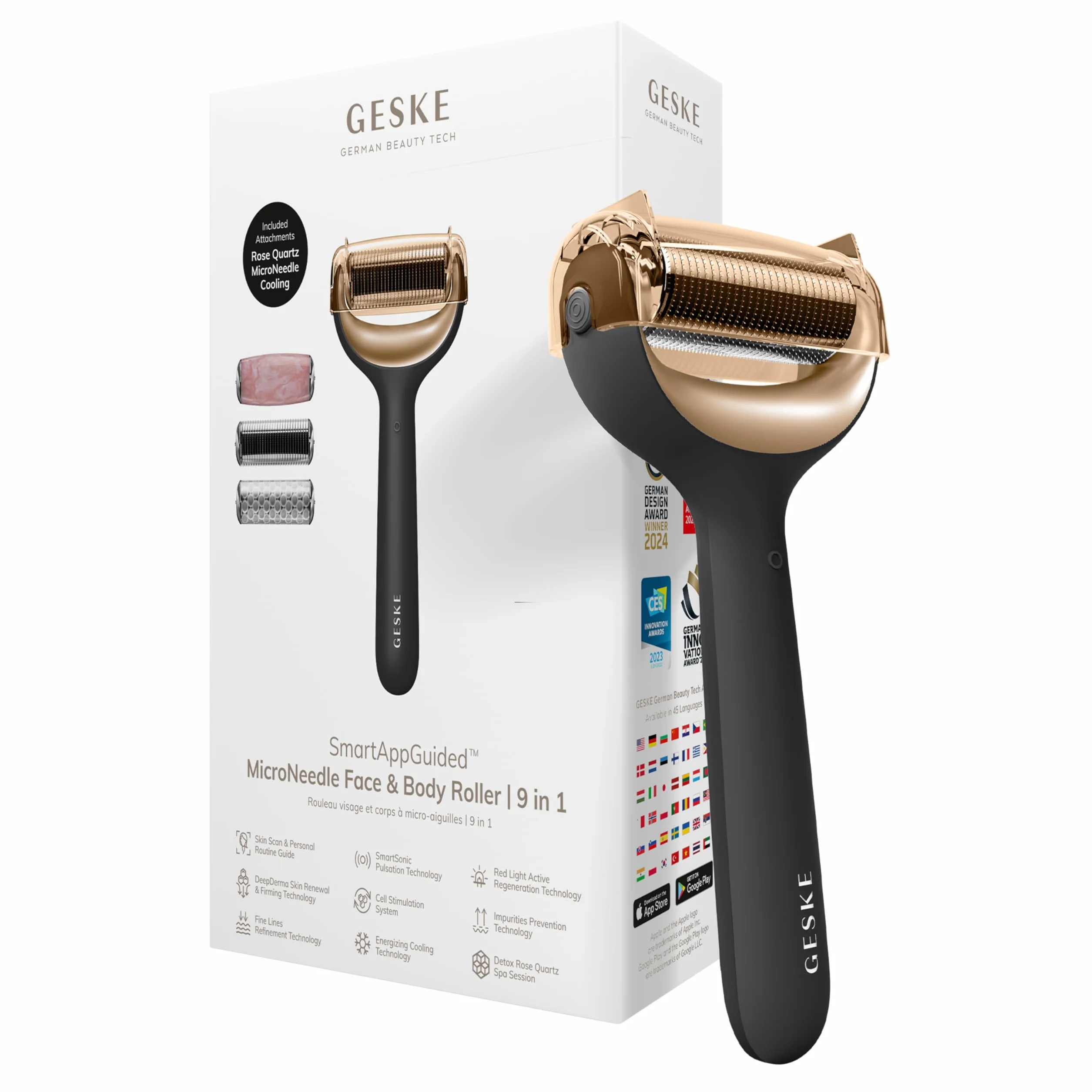 GESKE | Roller do twarzy i ciała z mikroigłami SmartAppGuided™ | 9 w 1 | Derma Roller | z kwarcem różowym | Elektryczny roller | mikronakłuwanie | Urządzenie do mikronakłuwania | wałek igłowy