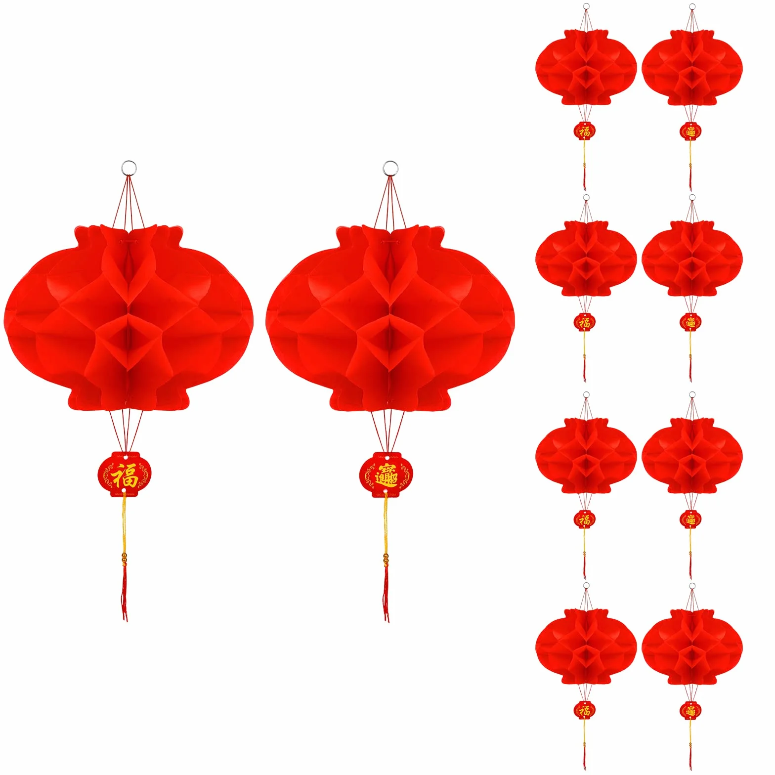 TOYMIS 10 sztuk Czerwone Chińskie Lampiony Ozdoby 40 x 20cm, Red Paper Lanterns “Fu” Dekoracja Festiwalowa na Chiński Nowy Rok Dekoracja na Festiwal Wiosenny