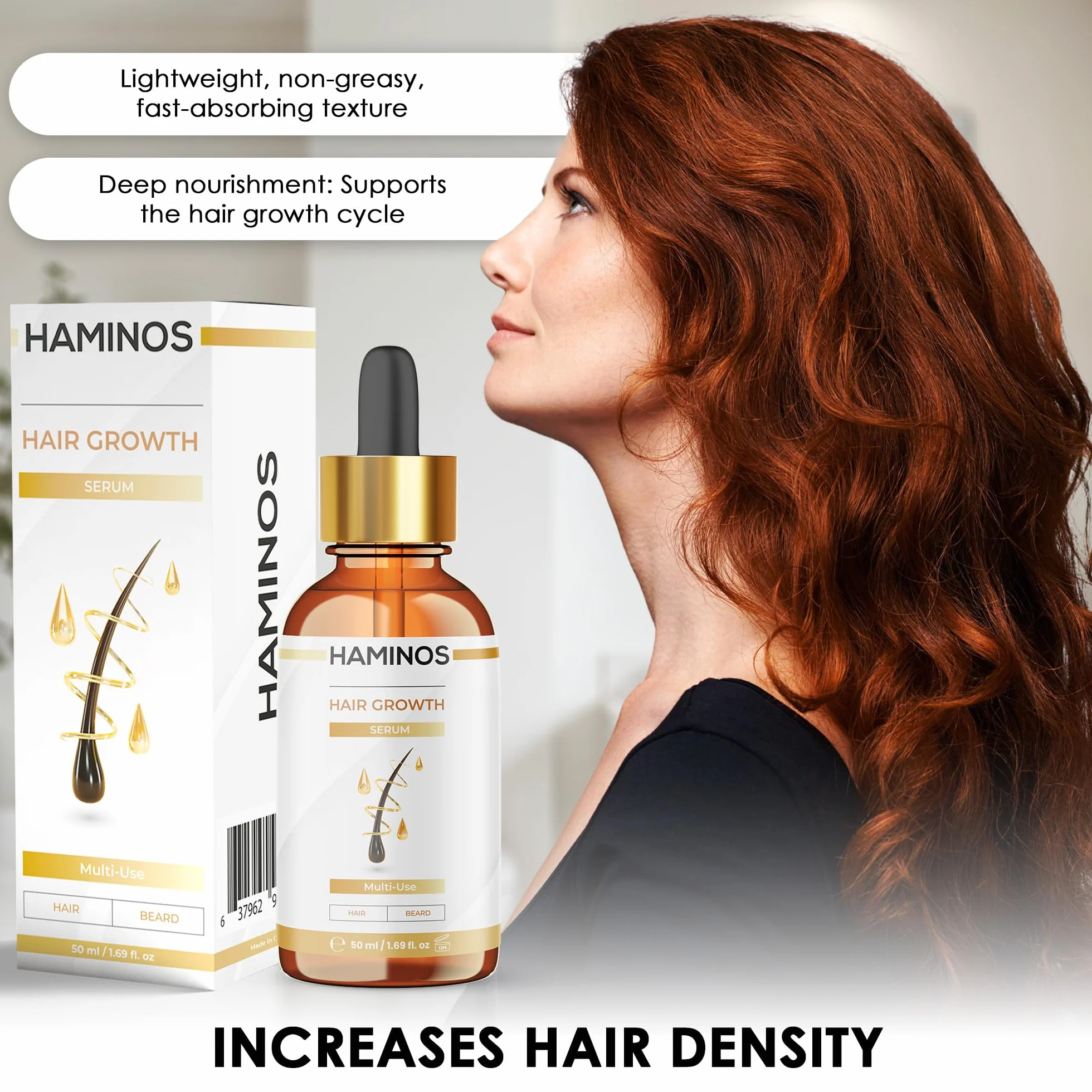 HAMINOS Serum na Porost Włosów 50 ml – Pobudza i Wzmacnia z Rozmarynem, Żeń-Szeniem, Imbirem i Peptydami – Przeciw Wypadaniu i Dla Kobiet i Mężczyzn
