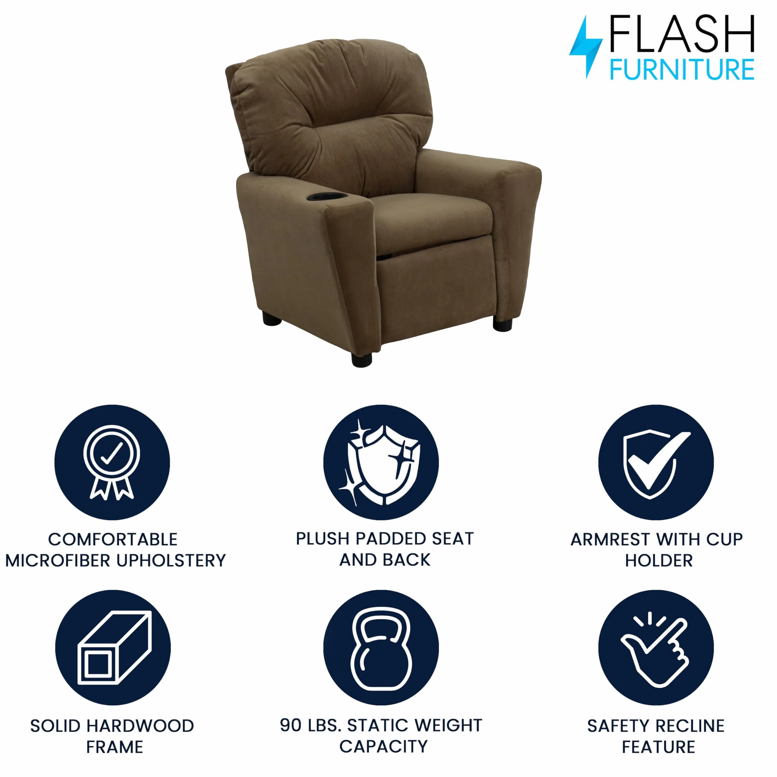 Flash Furniture Współczesny leżak z mikrofibry z uchwytem na kubki, drewno, brązowy, 66,04 x 53,34 x 53,34 cm