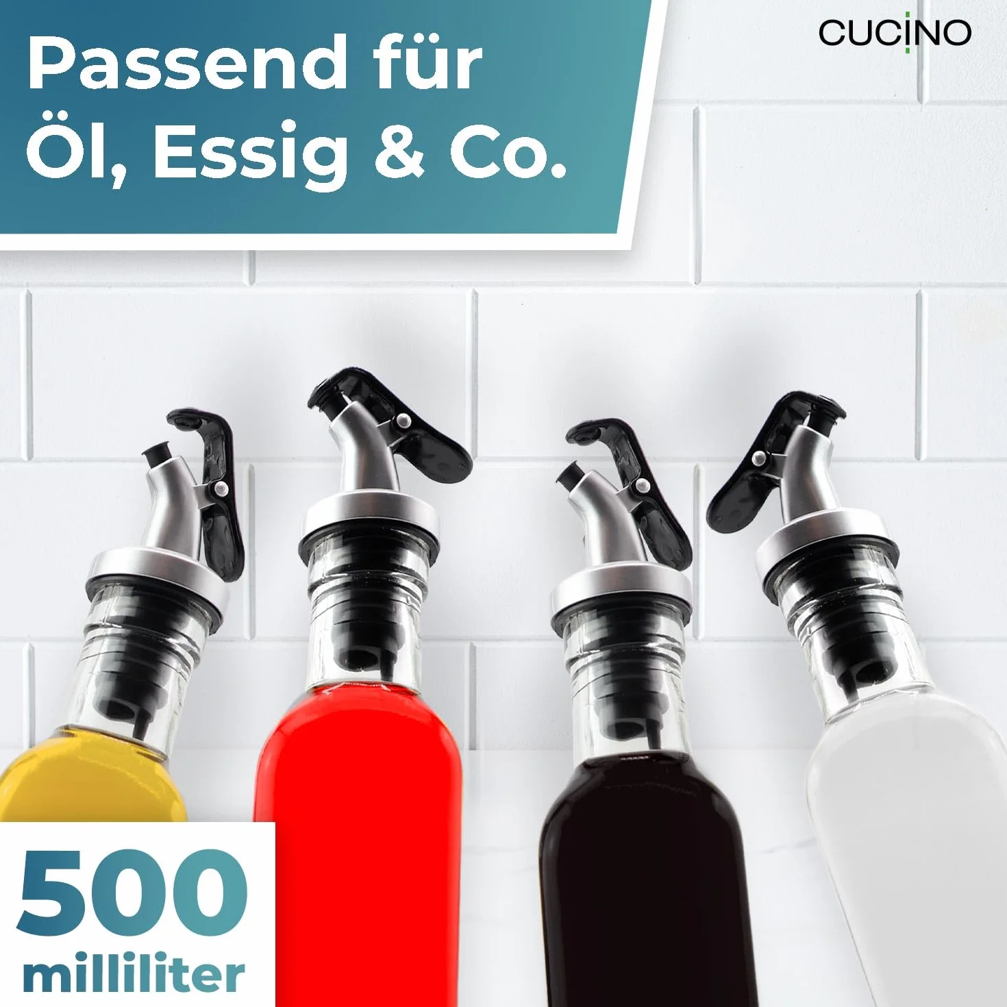 Zestaw dozowników do octu i oleju - (Madeira) 4 x 500 ml butelki ze szkła z metalowym lejkiem i etykietami do oznaczania | szczelne i niekapiące | z zakrętką zapobiegającą zabrudzeniu