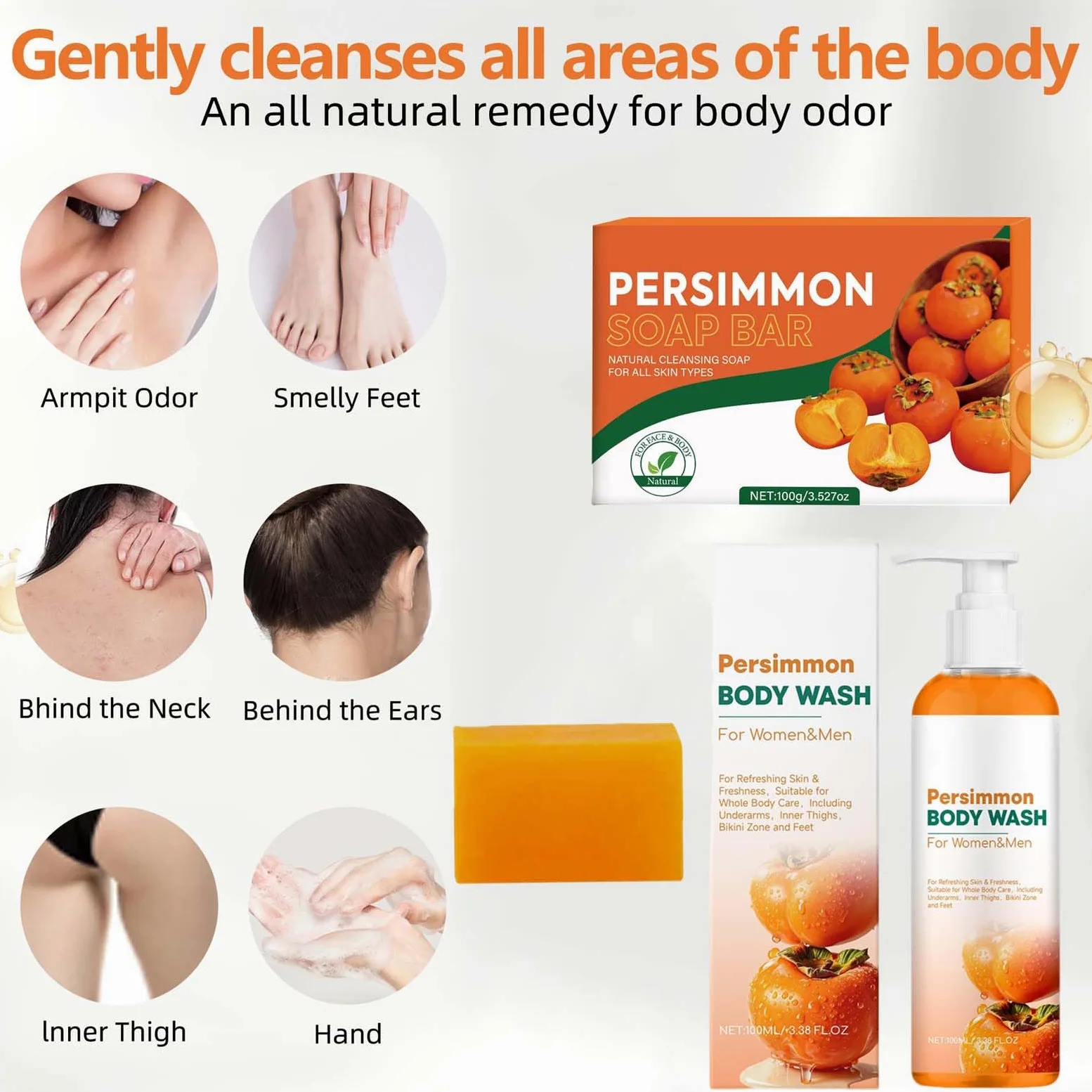 Mydło persimmon Bar Body Wash, naturalny zapach ciała, eliminuje starzenie się zapachów, dezodoryzuje i oczyszcza, delikatne czyszczenie, kontrola zapachu ciała, odświeżający ciało, długi (4 szt.)
