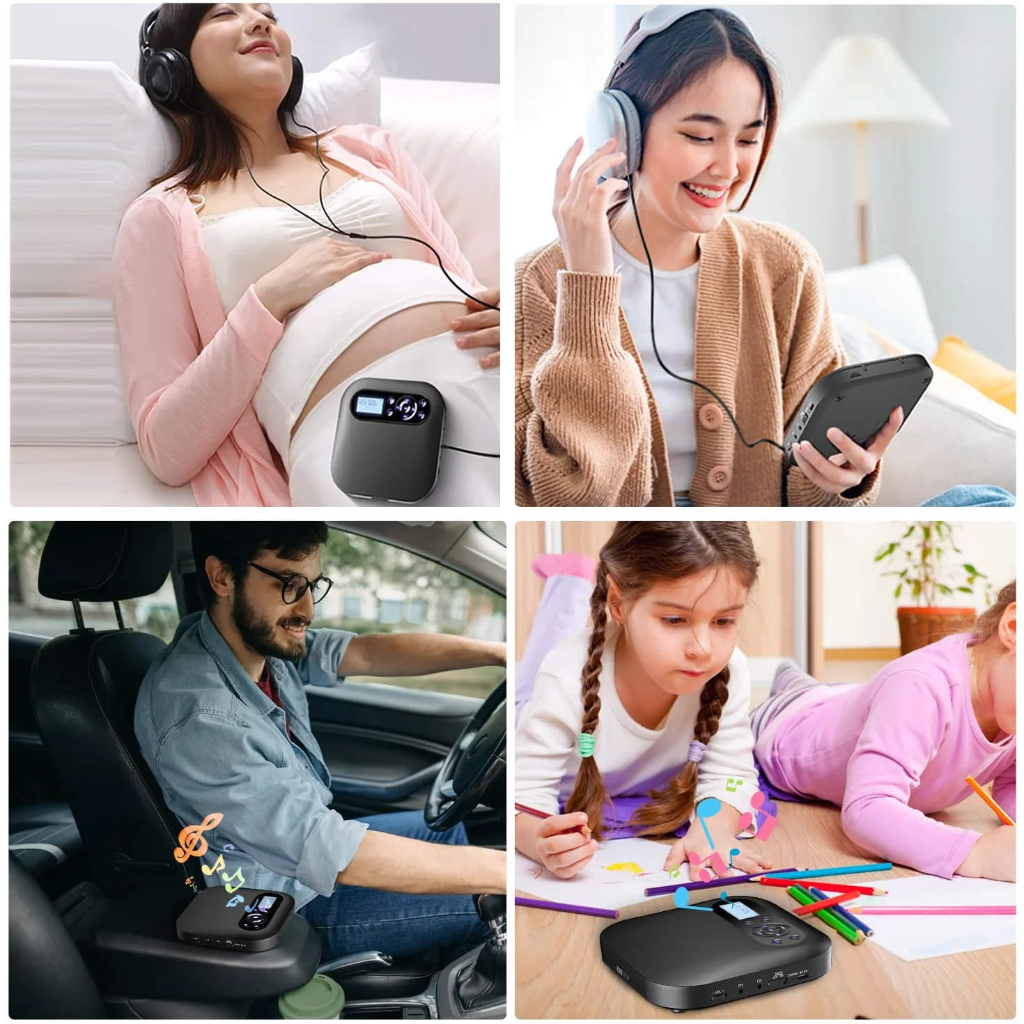 DESOBRY Przenośny odtwarzacz CD Bluetooth z głośnikami, akumulatorowy Discman do samochodu z FM, Anti-Skip, ekran LCD, odtwarzacz CD z dwoma gniazdami słuchawkowymi