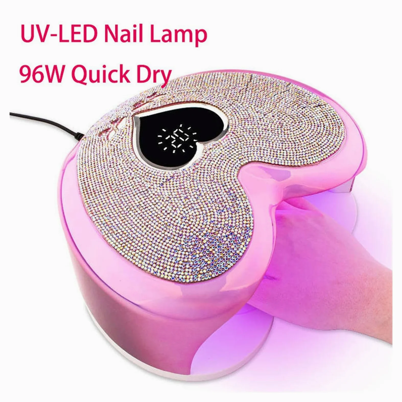Lampa UV do paznokci, Lampa LED UV do paznokci 96 W UV-LED Profesjonalny kształt serca utwardzająca lakier żelowy Różowe światło słoneczne Suszarka Maszyna manicure Z kryształem górskim(Pink)