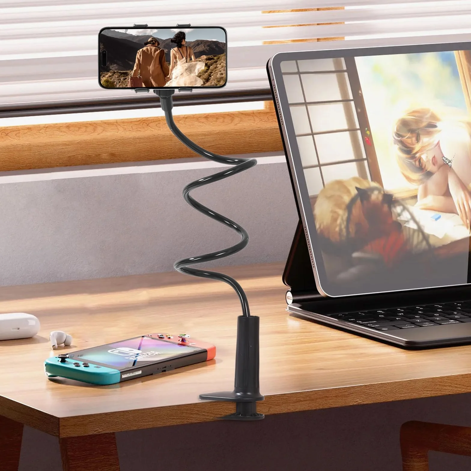 Uchwyt na telefon komórkowy do łóżka i biurka, uchwyt na telefon komórkowy z łabędzią szyją, regulowany 360°, elastyczne długie ramię do smartfona do łóżka, biura, biurka, sypialni (czarny)