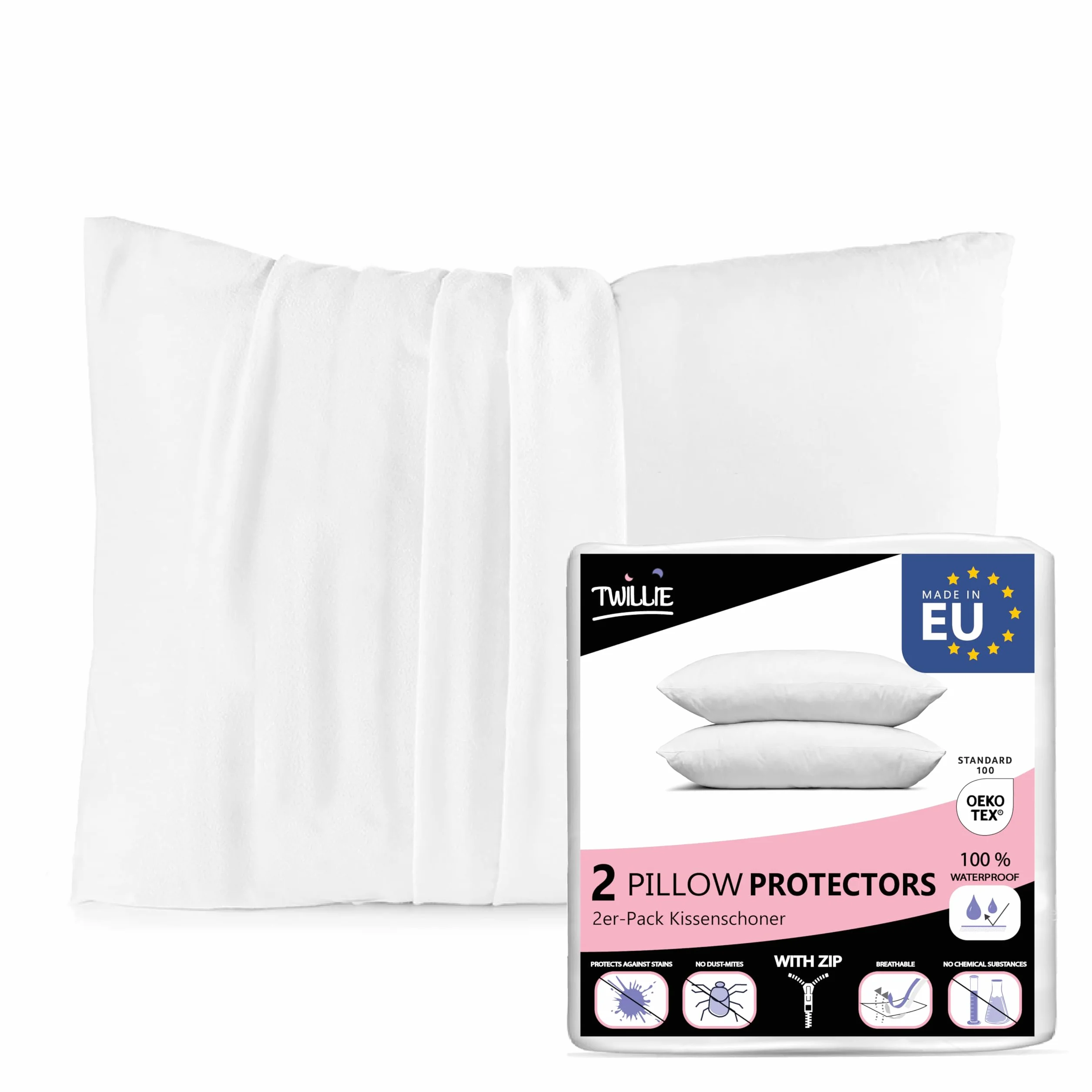 Twillie Zestaw 2 poszewek na poduszki wodoodporne 50 x 70 Oeko Tex® Antiroztocza Micro Oddychająca Ultra cienka