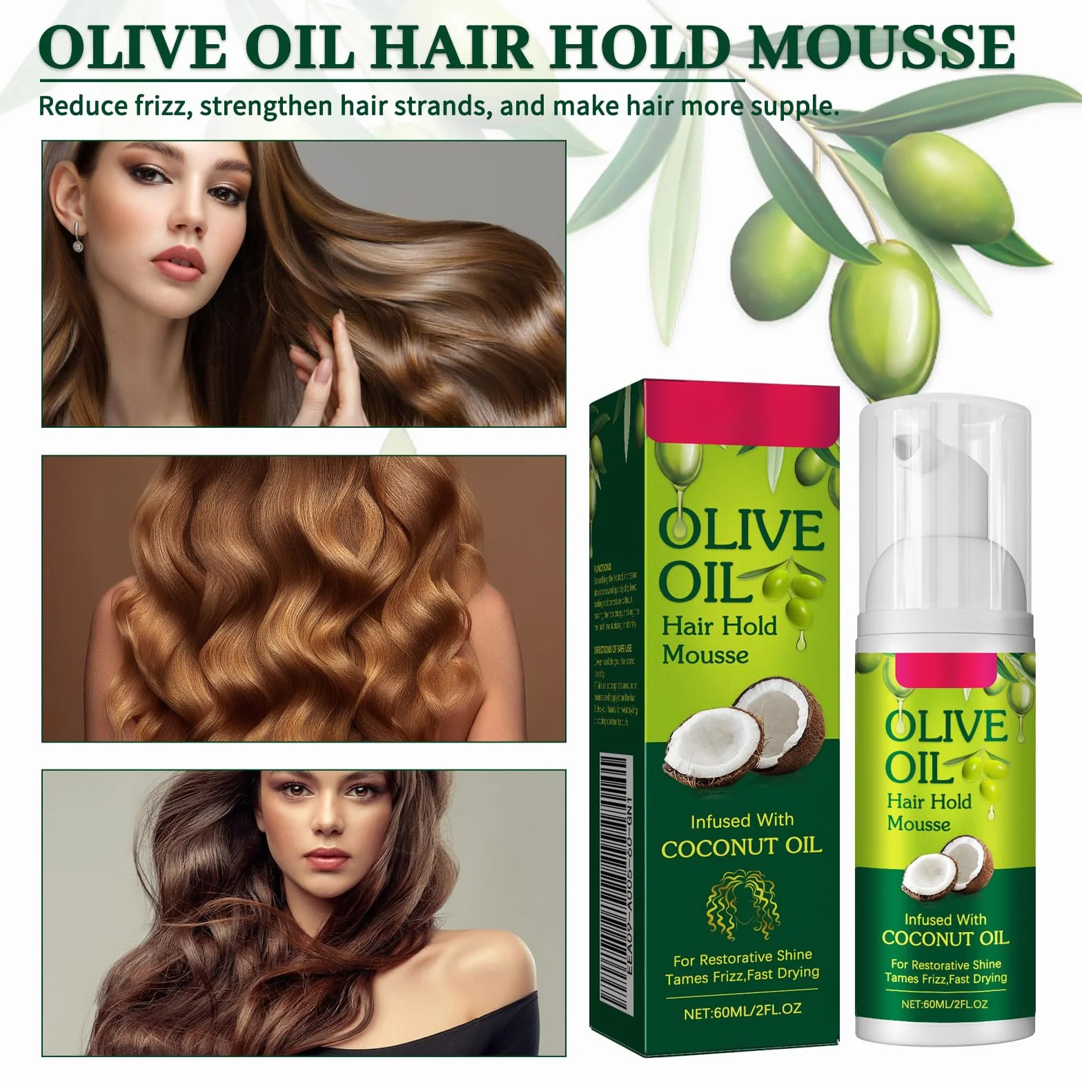 Olive Oil Volume Styling Mousse, Curl Defining Cream, mus do stylizacji włosów, nawilżająca stylizacja włosów z oliwą z oliwek, lekka pianka do włosów z elastycznym trzymaniem, nadaje się do
