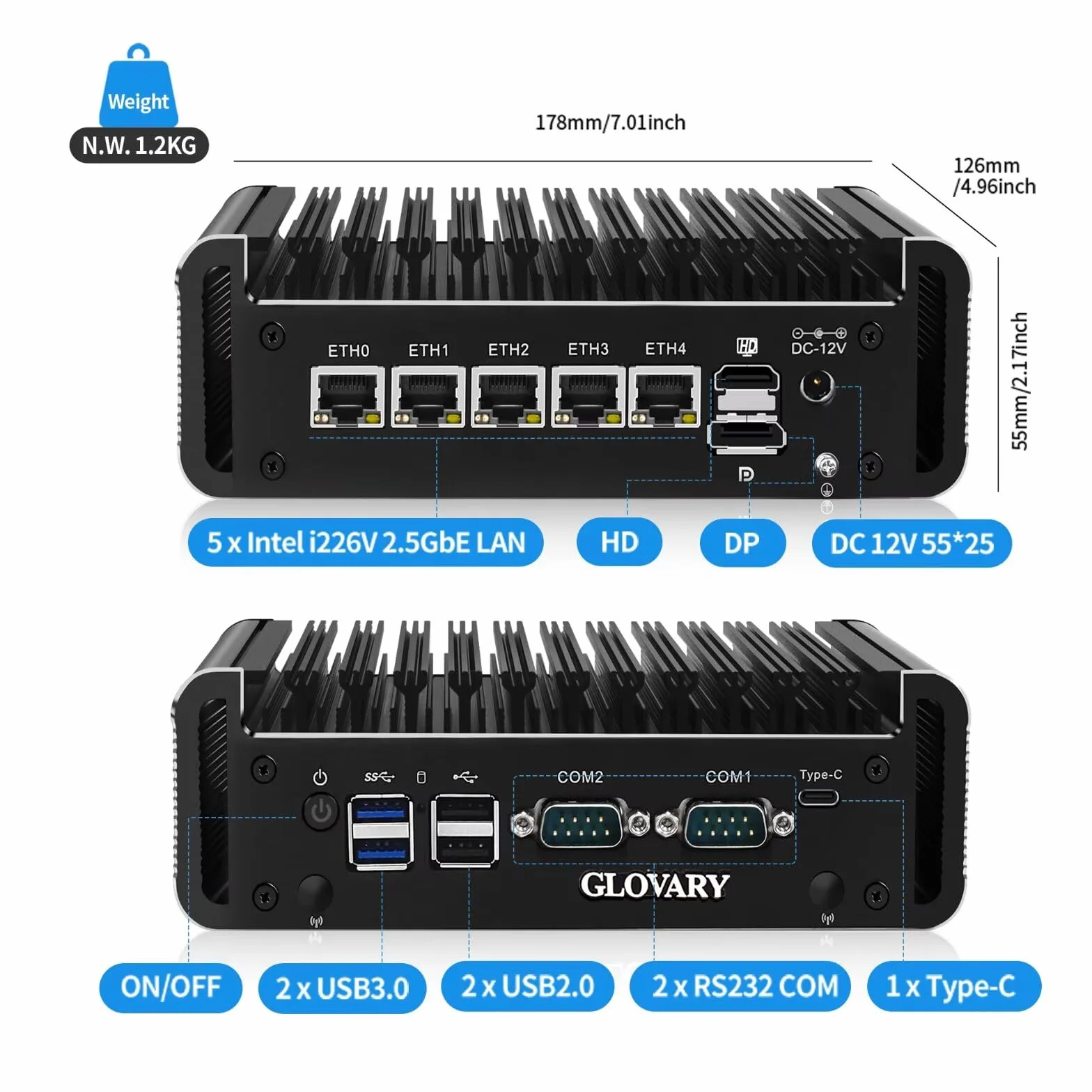 Firewall Mini PC J6413 4-rdzeniowy, 5 x i226V 2.5GbE LAN bez wentylatora OPNsense Micro Appliance, Barebone, AES-NI, HD+DP+USB-C 3 wyświetlacz przemysłowy sprzęt komputerowy, 2 x RS232 COM