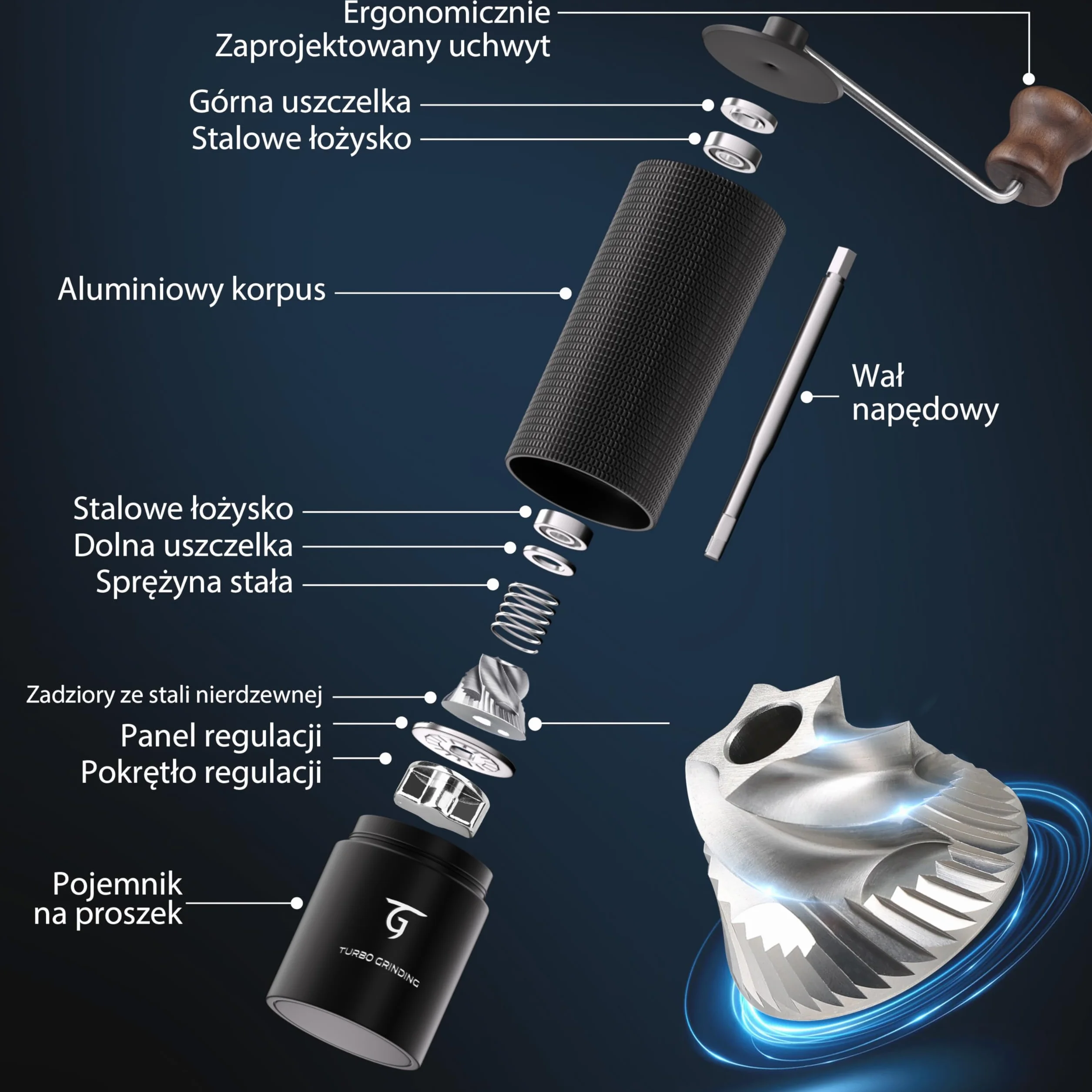 SUNYA Ręczny młynek do kawy ze stożkowym zadziorem ze stali nierdzewnej, regulowane ustawienia MCG-02 Czarny