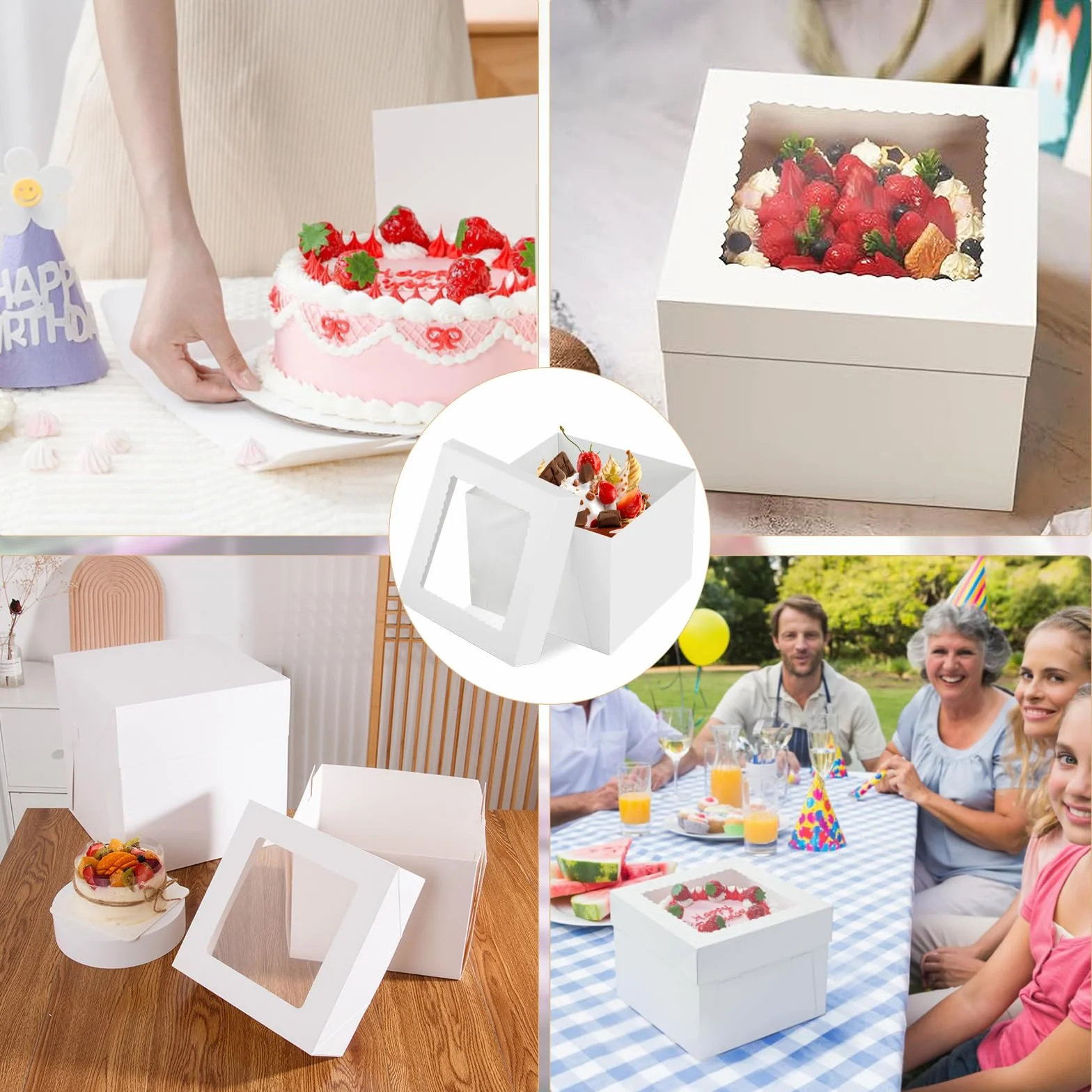 Pudełko na tort, 30,5 x 30,5 x 20,5 cm, wysokie pudełko na tort, 5 sztuk, wysokie pudełko na tort, karton na tort z oknem, okrągłe deski do ciasta i taśmą, pudełko na ciasto