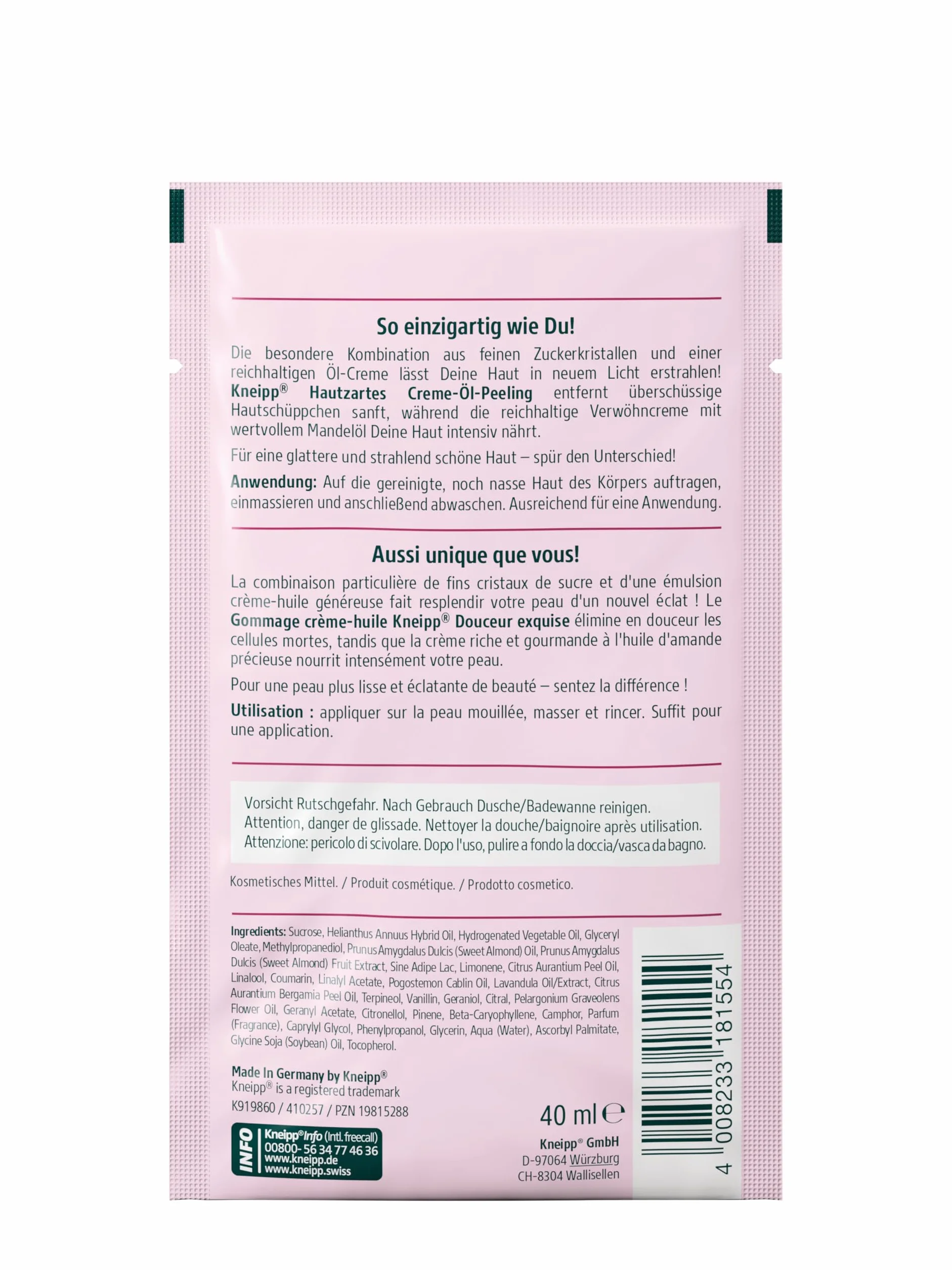 Kneipp Hautzartes peeling kremowo-olejkowy – peeling do ciała z cennym olejkiem migdałowym i delikatnymi kryształkami cukru – 15 x 40 ml