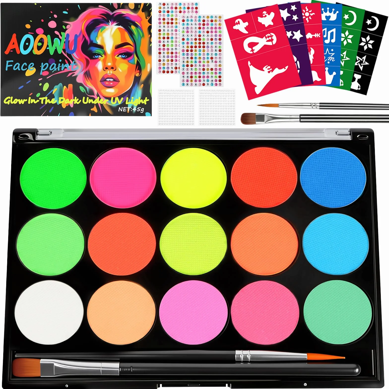 AOOWU Paleta do makijażu dla dzieci 15 kolorów zestaw z 2 pędzlami 41 szablonami na Halloween