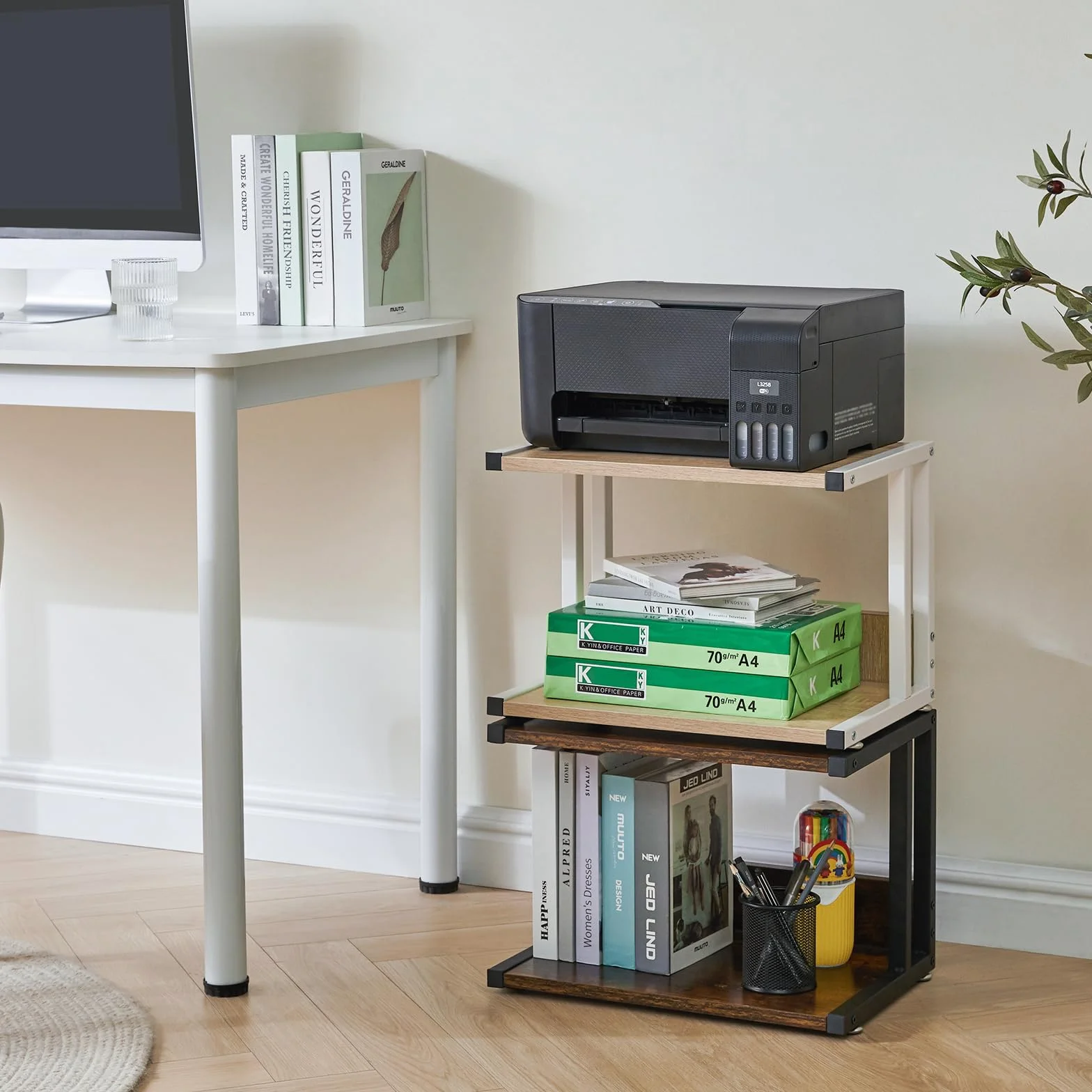 IBUYKE TLJ007R 2-poziomowy stojak na drukarkę z 4 kółkami mobilny organizer