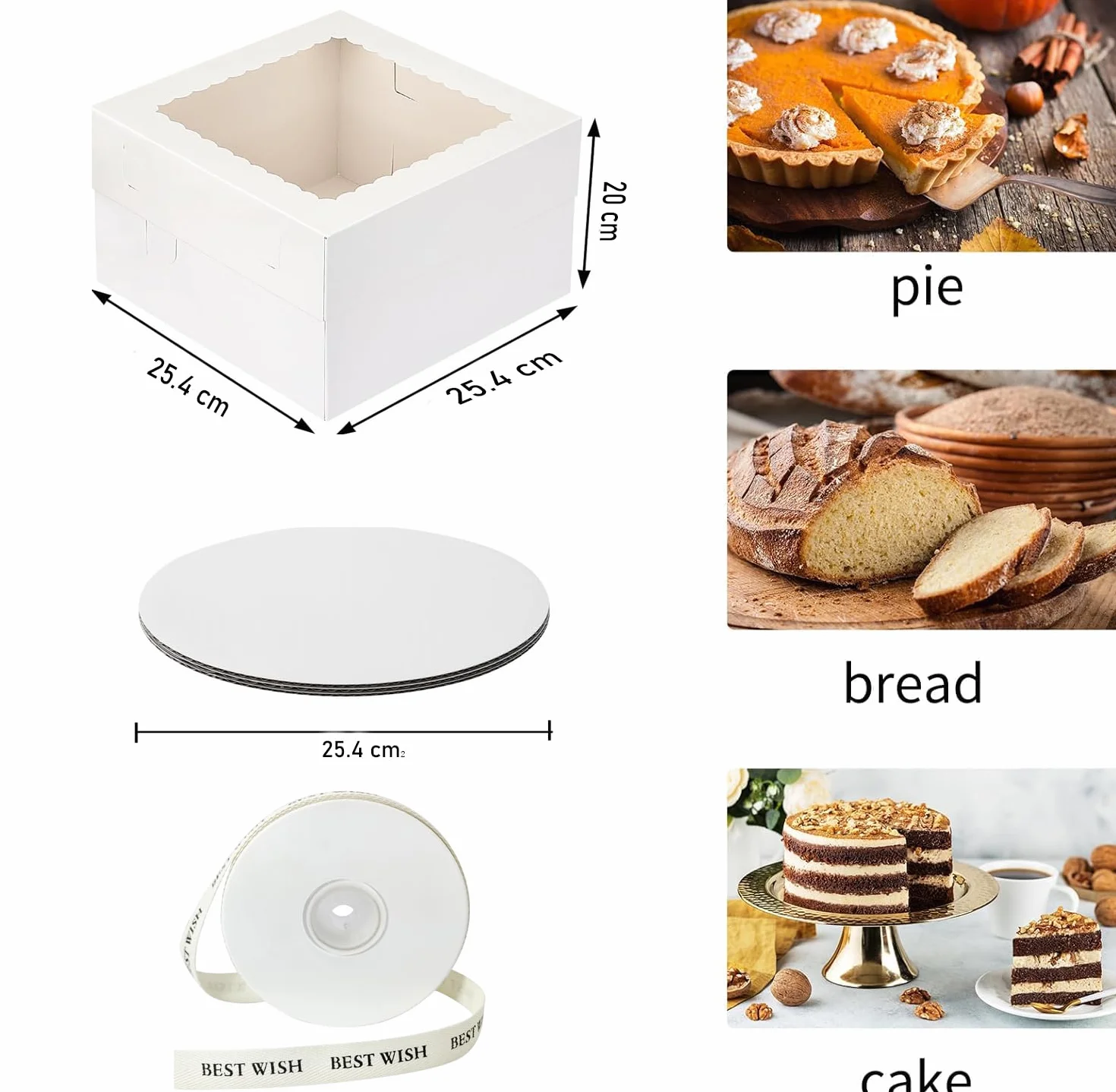 10 sztuk pudełka na tort, pudełka na torty, wysokość 25x25x20 cm, pudełka na ciasta, pudełka na transport tortów, białe pudełka na torty z oknem i 10 okrągłych desek do ciast, 1 rolka wstążki