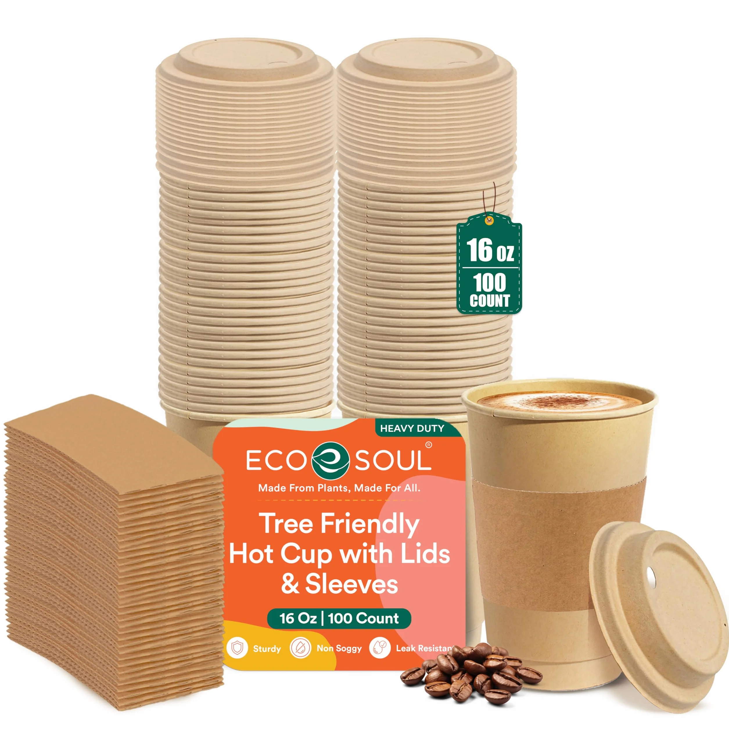 ECO SOUL W 100% kompostowalne kubki na bazie roślin (bez PFAS) 473 ml z kompostowalnymi rękawami i pokrywkami, 100 sztuk, jednorazowe papierowe kubki | przyjazne dla środowiska kubki, wytrzymałe,