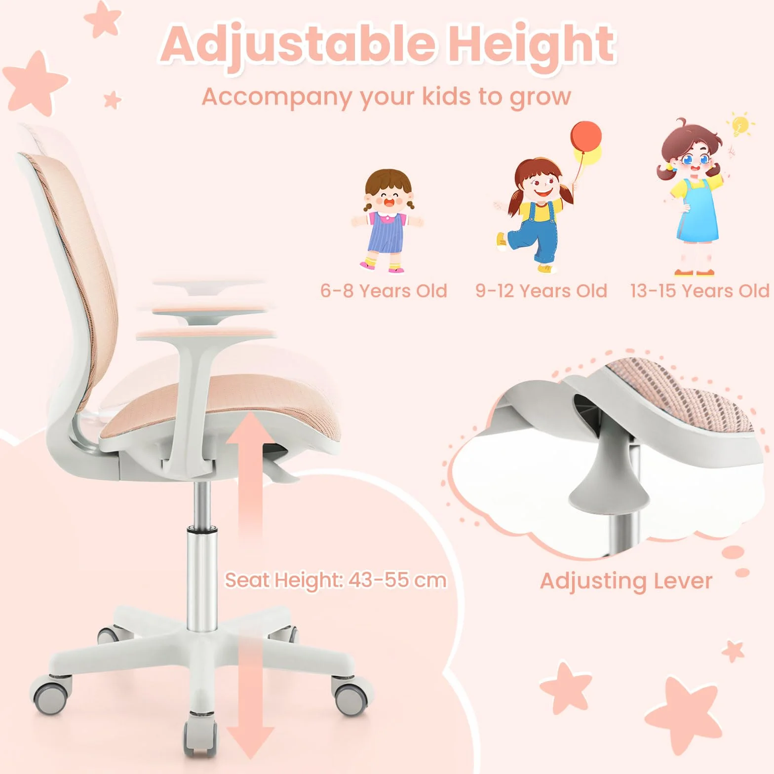 LIFEZEAL Wyściełane krzesło biurkowe dla dzieci, obrotowy fotel dla dzieci, krzesło do biurka z regulacją wysokości od 80 do 92 cm, ergonomiczne krzesło dla dzieci do nauki, maks. 75 kg (różowe)