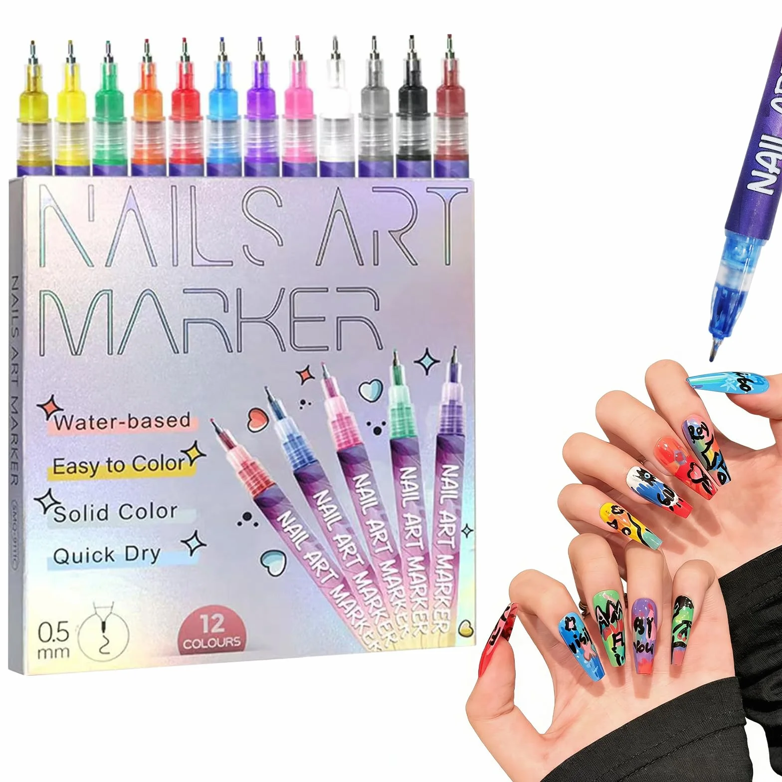 Zestaw 12 kolorowych pisaków do paznokci, 3D Nail Art Pen szybkoschnące pisaki do paznokci, wodoodporne, "zrób to sam" do malowania paznokci, graffiti, pędzelek do zdobienia paznokci, piękna