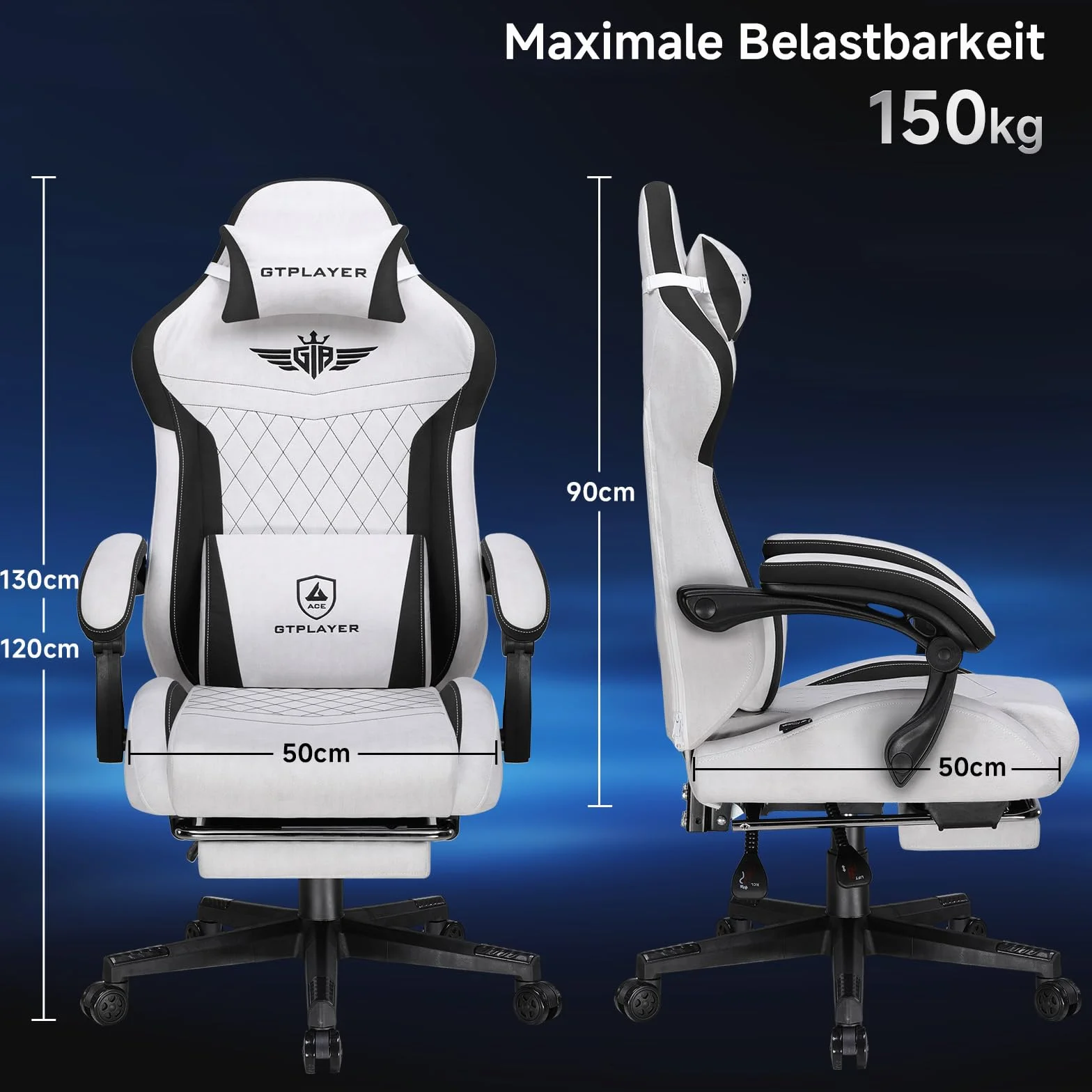 GTPLAYER Fotel gamingowy ergonomiczny materiałowy z podparciem lędźwiowym nośność 150 kg szary