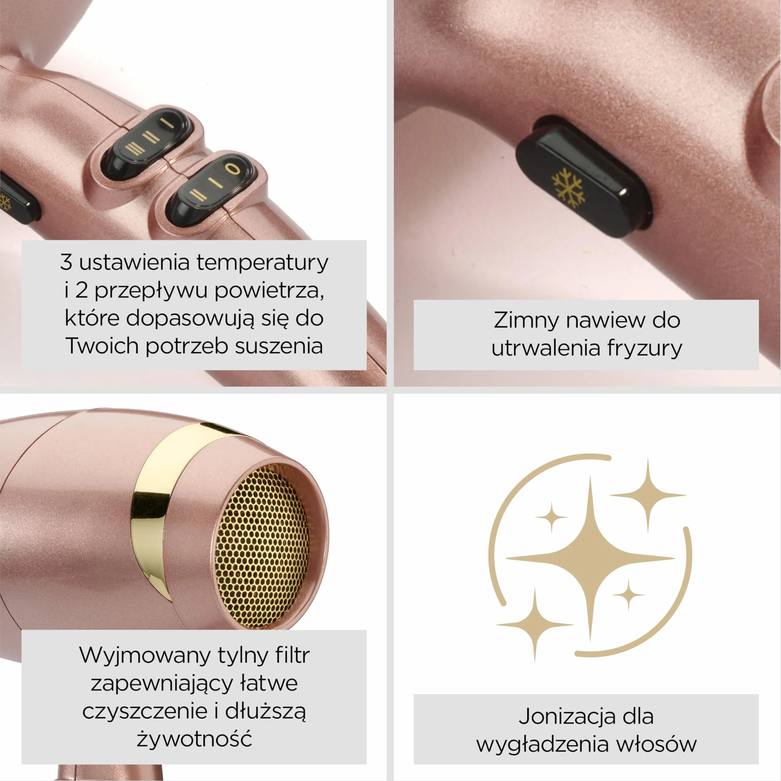 Suszarka BaByliss Rose Gold - 2100 W, jonizacja, lekka podróżna suszarka do włosów, szybko susząca, ceramiczna, 3 ustawienia temperatury i 2 prędkości, srebrna, 5336PE