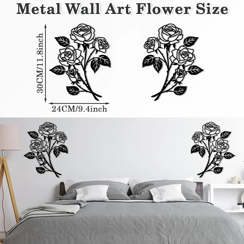 Metalowa Róża Dekoracja Ścienna 2szt 30×24cm Czarna Rzeźba Kwiatowy Wystrój Ścienny