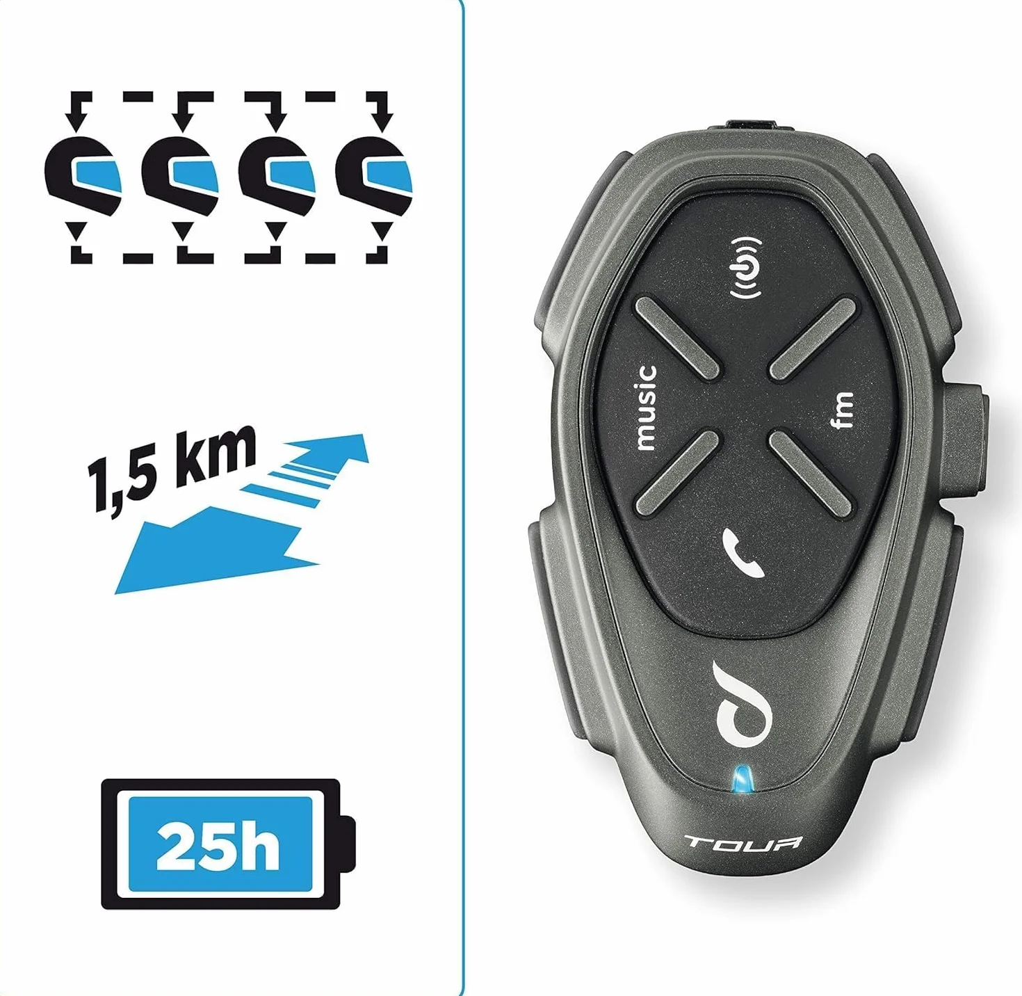 INTERPHONE TOUR | PODWÓJNE | Interkom motocyklowy Bluetooth, do 4 motocyklistów, dystans 1,5 km, czas pracy baterii 25 godzin, szybkie ładowanie, radio, Mp3, GPS, wodoodporny, uniwersalny.