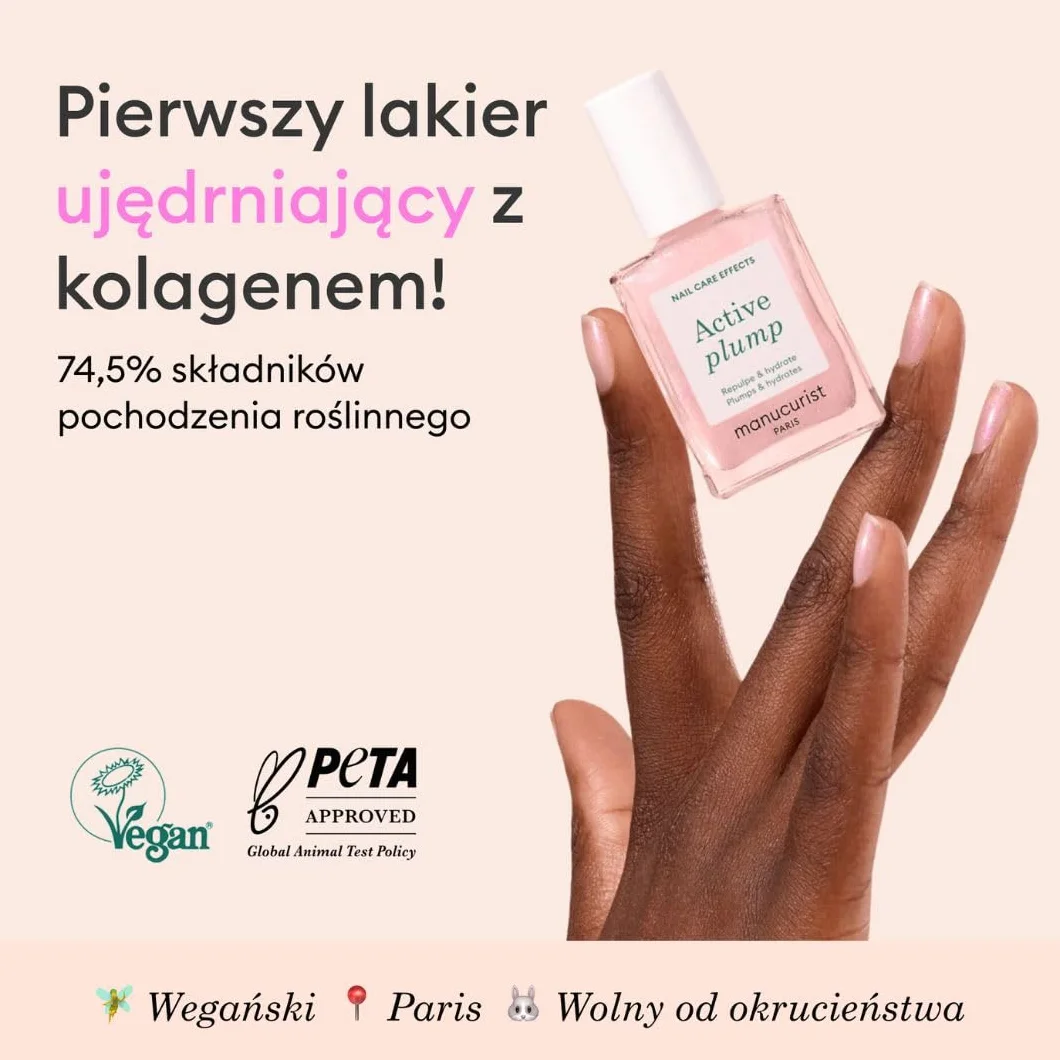 Manucurist Active Plump Nail Polish & Care - Kolagen i ekstrakt z brzoskwini - Nawilżacz do paznokci z ultra-błyszczącym połyskiem Baby Rose dla natychmiastowego efektu pompowania - Nail Volumizer