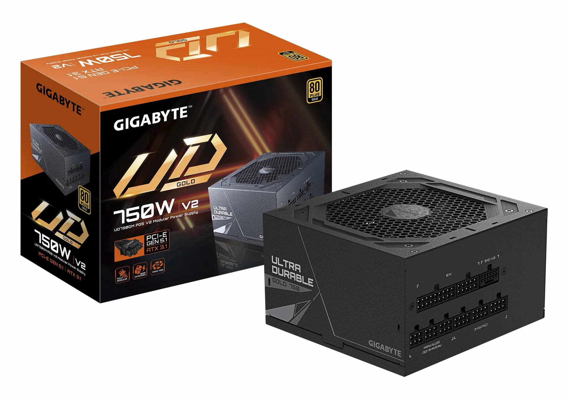 GIGABYTE UD750GM PG5 V2 zasilacz - PCIe Gen 5.1, 80 PLUS Gold, w pełni modułowa konstrukcja, wentylator 120 mm, kompatybilny z ATX 3.1, wtyczka EU