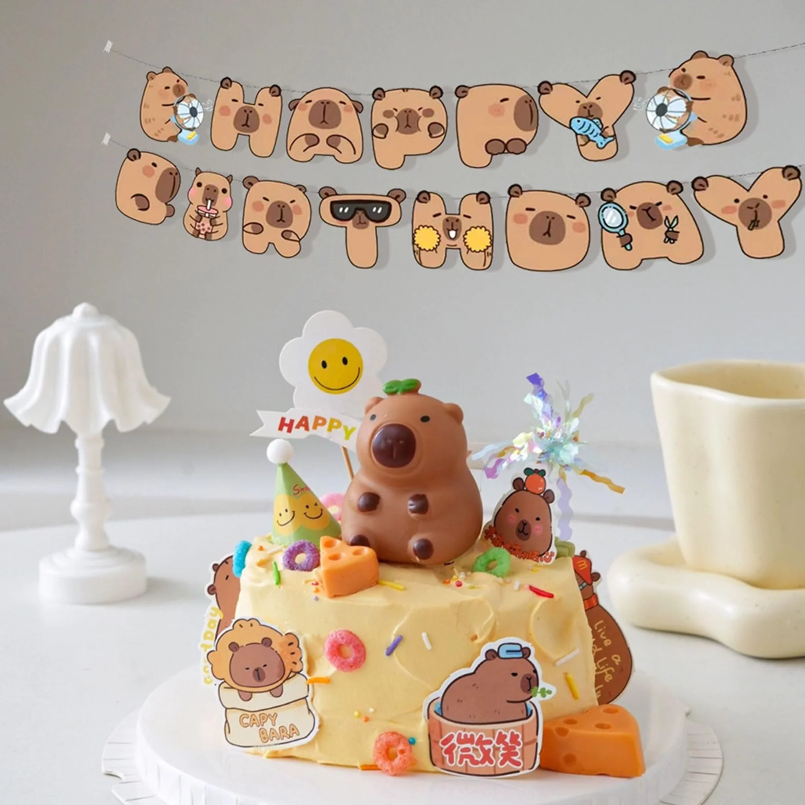 Goiern Happy Capybara dekoracje urodzinowe baner 8 papierowych kartek z kokardkami