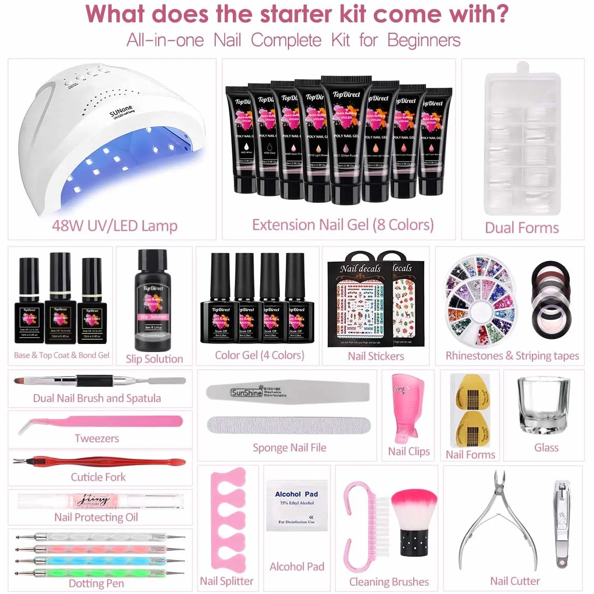 TopDirect Zestaw do przedłużania paznokci żelowych, z lampą 48 W, 8 kolorów + 4 kolory lakieru do paznokci Shellac z bazą i topem, 100 tipsów do stylizacji paznokci, kompletny zestaw startowy