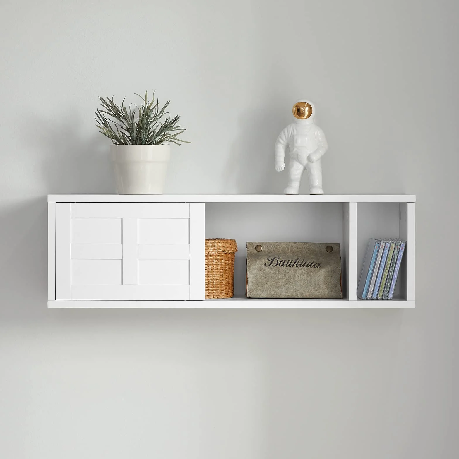SoBuy Biała szafka do przechowywania montowana na ścianie z drzwiami przesuwnymi i otwartą półką 75 x 20 x 23 cm FHK18-W