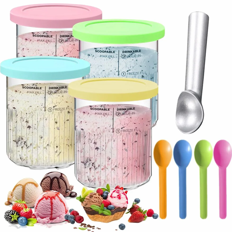 Pojemnik na lód Ninja Creami Deluxe NC501 NC500, 4-częściowy zestaw pojemników na lody spożywcze, wielokrotnego użytku, pojemnik na lód z pokrywką, pojemnik na lody z szufelką do lodów żelowych,