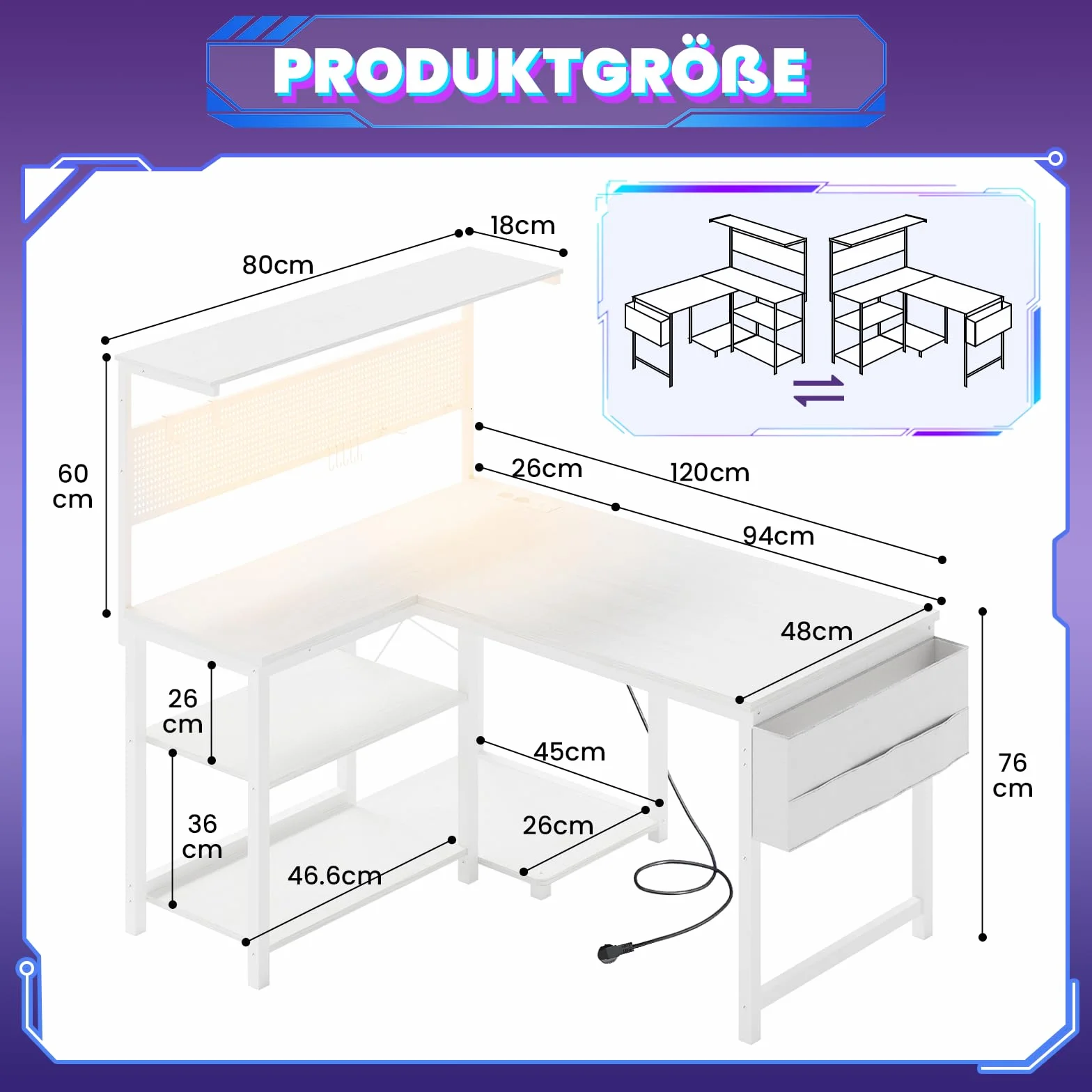 YOUDENOVA Biurko gamingowe w kształcie litery L z diodami LED, gniazdkiem i wejściem USB, dwustronne biurko narożne z regałem i ścianką perforowaną, 120 x 80 cm, biurko komputerowe z miejscem do