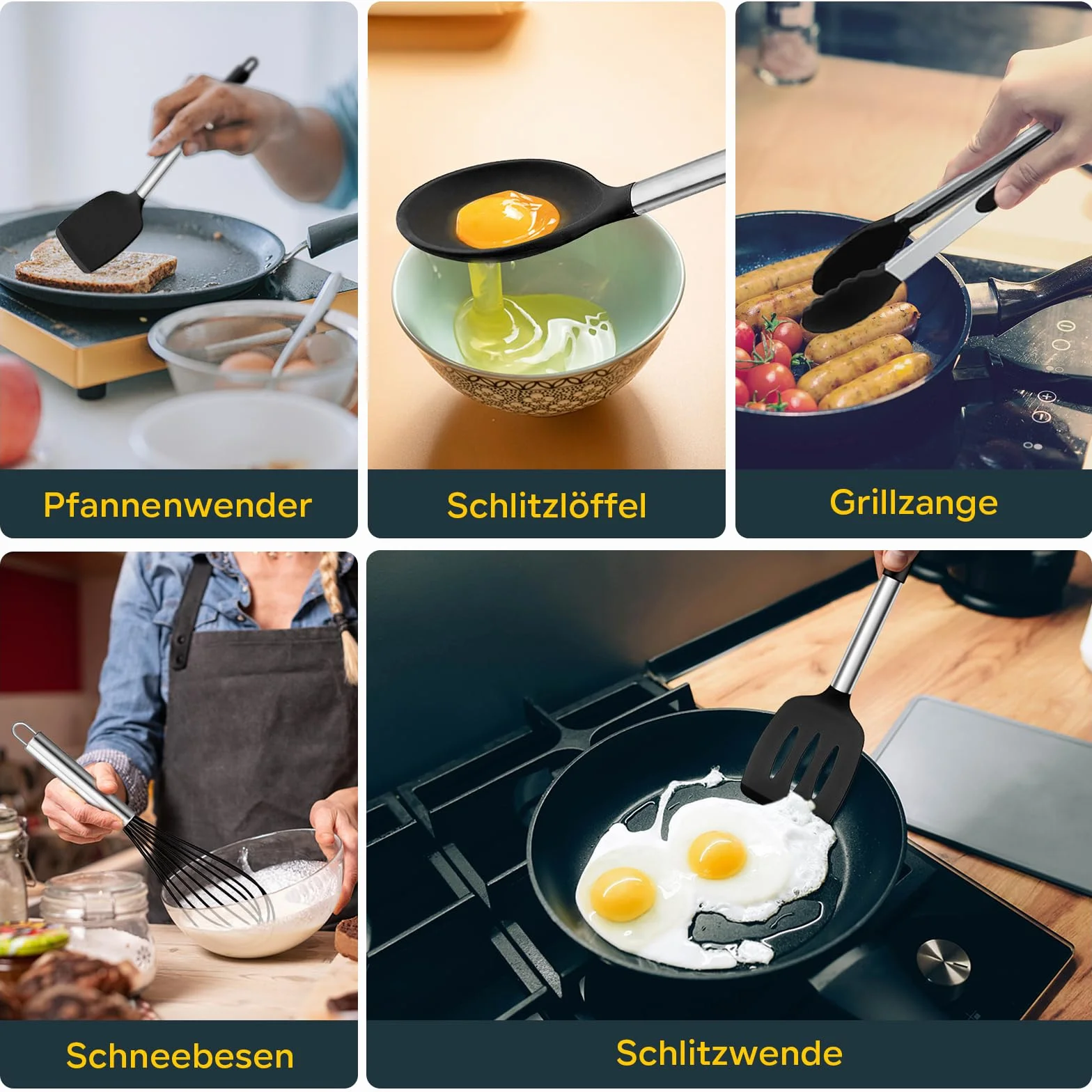 Homikit zestaw przyborów kuchennych, 10 sztuk, silikonowe, z uchwytem ze stali nierdzewnej, nieprzywierające, odporne na wysokie temperatury, czarne, nadają się do mycia w zmywarce