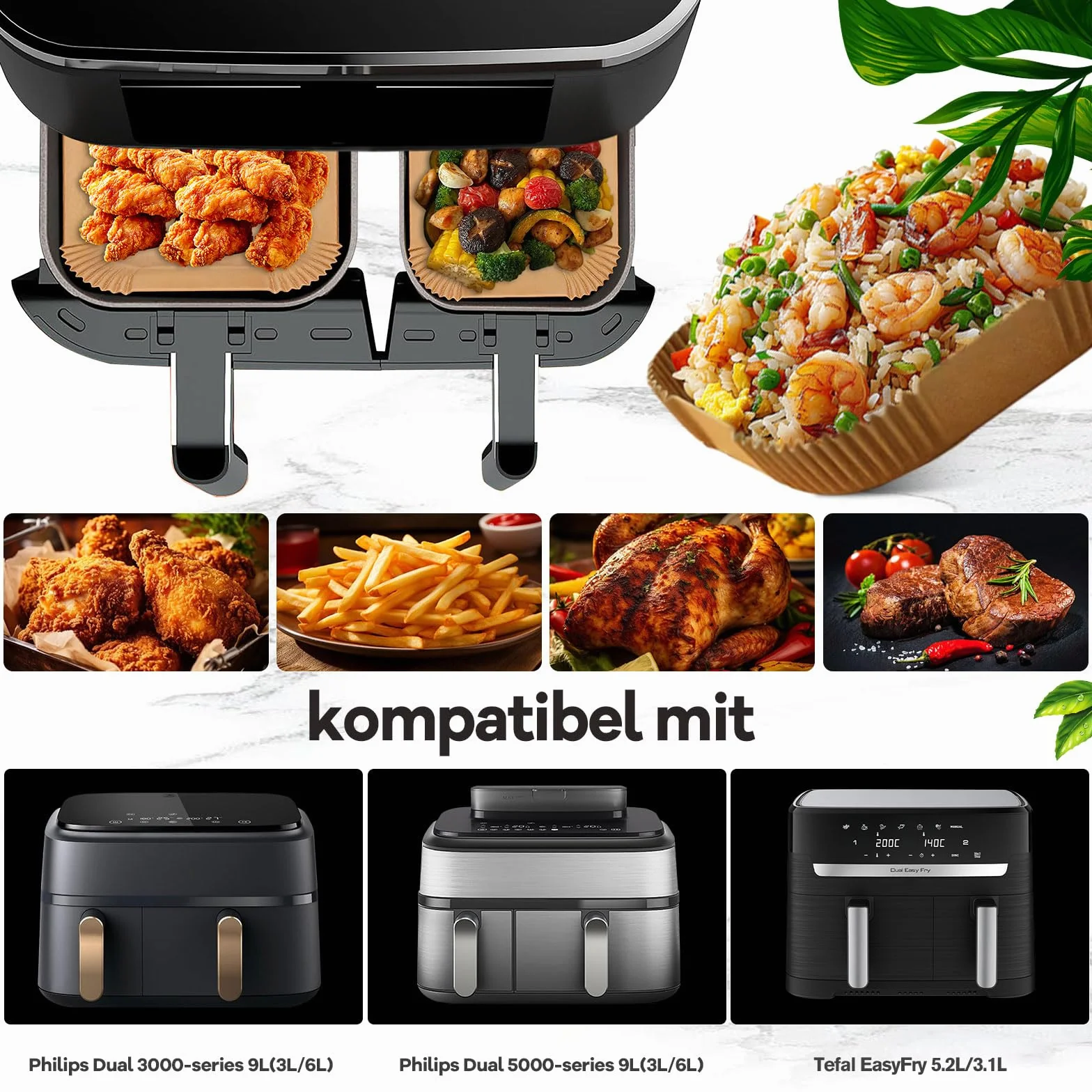 Papier do pieczenia do frytkownicy beztłuszczowej 6 l/3 l, kompatybilny z frytkownicą Phillips z dwoma szufladami serii 3000/5000 i Tefal z dwoma szufladami 5,2/3,1 l, 100 sztuk