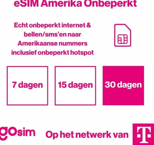GoSIM Unlimited 5G Internet in Amerika - eSIM USA - Data SIM-kaart VS - SIM-kaart Verenigde Staten - SIM-kaart USA Unlimited Data (30 dagen)