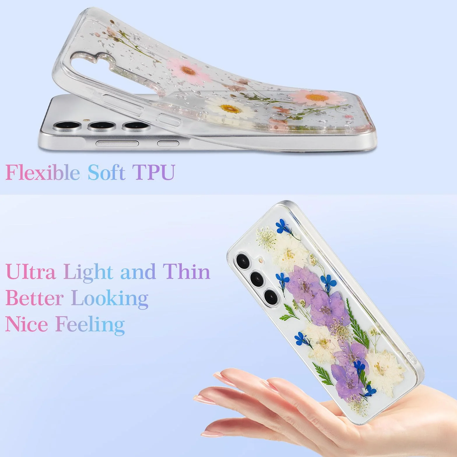 EYZUTAK Etui z suszonymi kwiatami do Samsung Galaxy A55 5G, miękkie, cienkie etui z TPU, przezroczyste, błyszczące, gwiazdy, brokatowe, silikonowe, żelowe, odporne na wstrząsy, kwiat, chroniące etui z