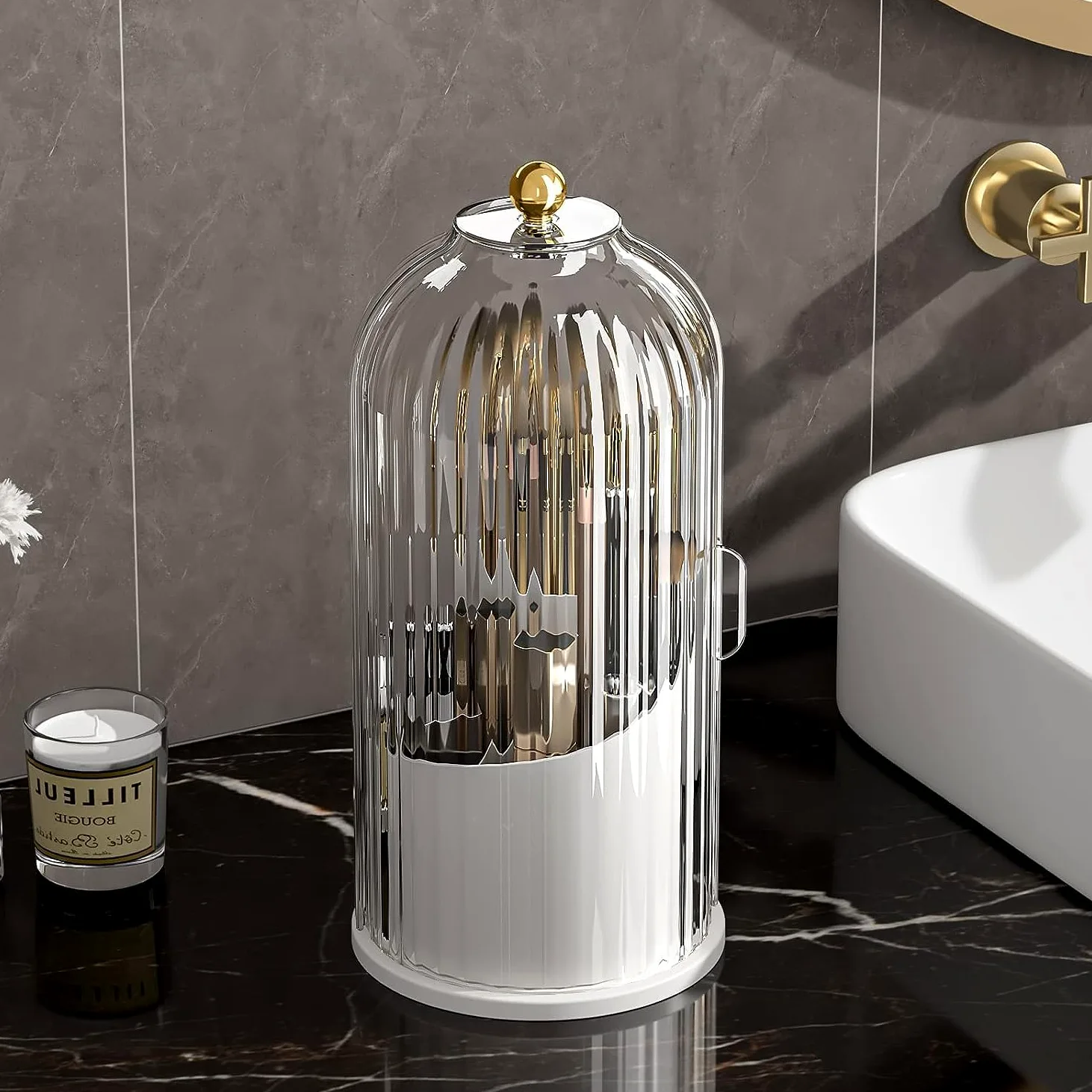 Organizer na Kosmetyki 360-stopniowy Obrotowy Uchwyt Na Pędzle Do Makijażu Z Pokrywką Przezroczysty Organizer Na Pędzle Do Makijażu Do Łazienki Na Biurko Vanity Organizer do Makijażu Sypialni(A)