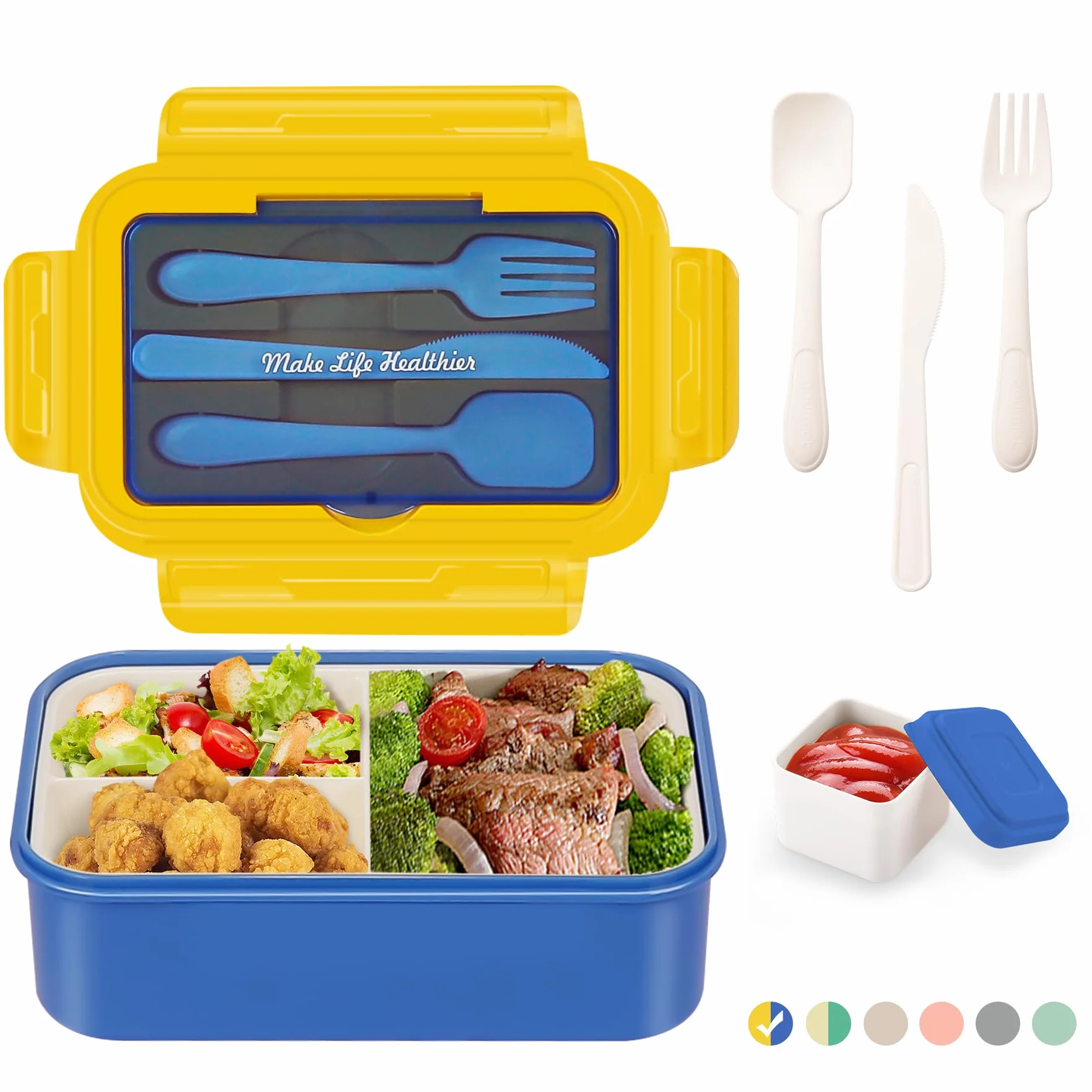 LUZOON Bento Box śniadaniówka 1400 ml 3 przegródki do mikrofalówki i zmywarki