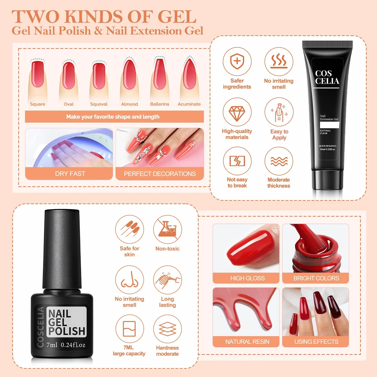 COSCELIA Kompletny zestaw do manicure, 6 szt., półtrwały lakier biały, czerwony, różowy, czarny, 3 szt. żelowych paznokci z lampą do paznokci