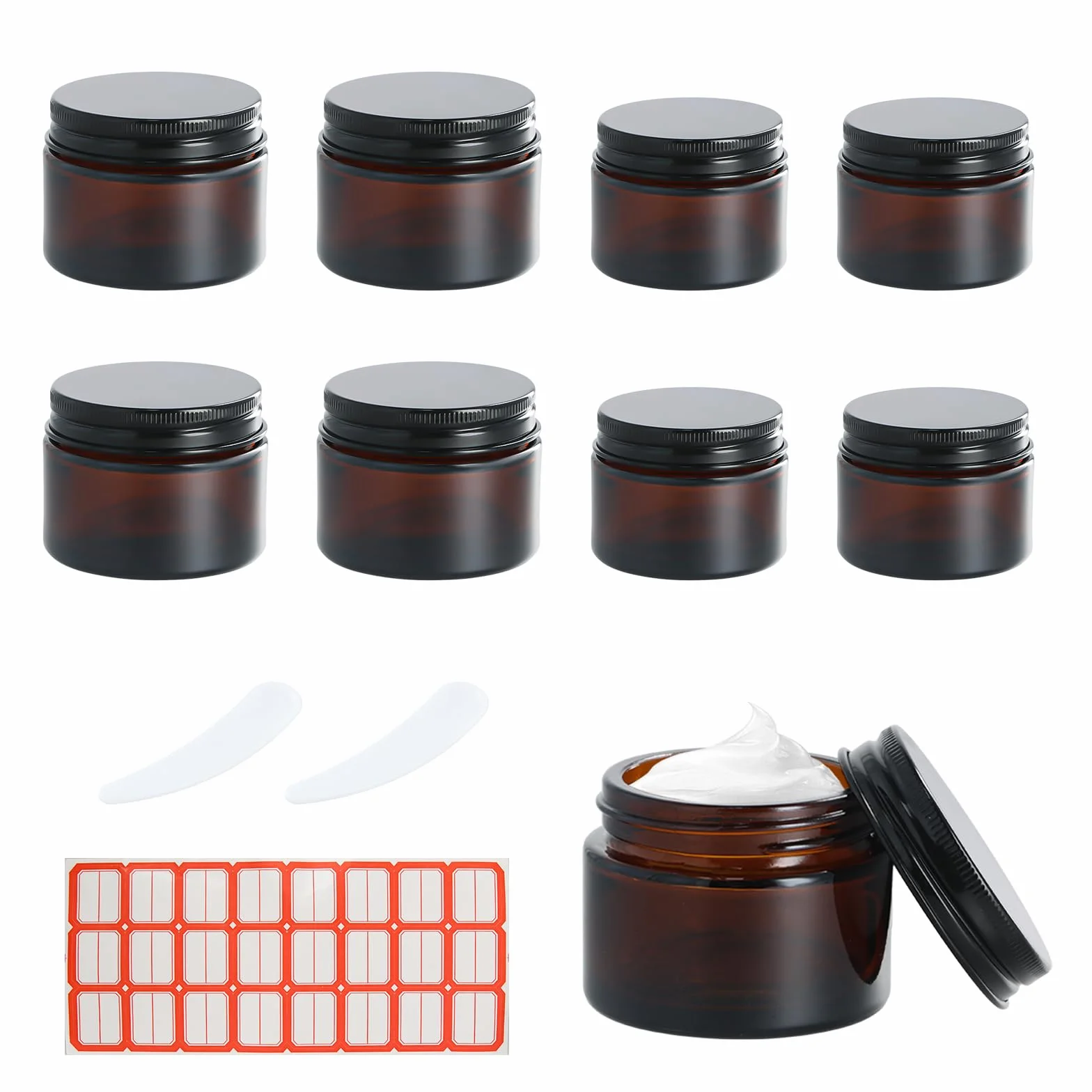 8 szt. Słoiki ze szkła bursztynowego 20 ml 30 ml 50 ml, podróżne, kosmetyczne słoiki z pokrywkami, 2 łyżki i klej, puste pojemniki na krem w proszku, odporny na promieniowanie UV, szczelność (20 ml+