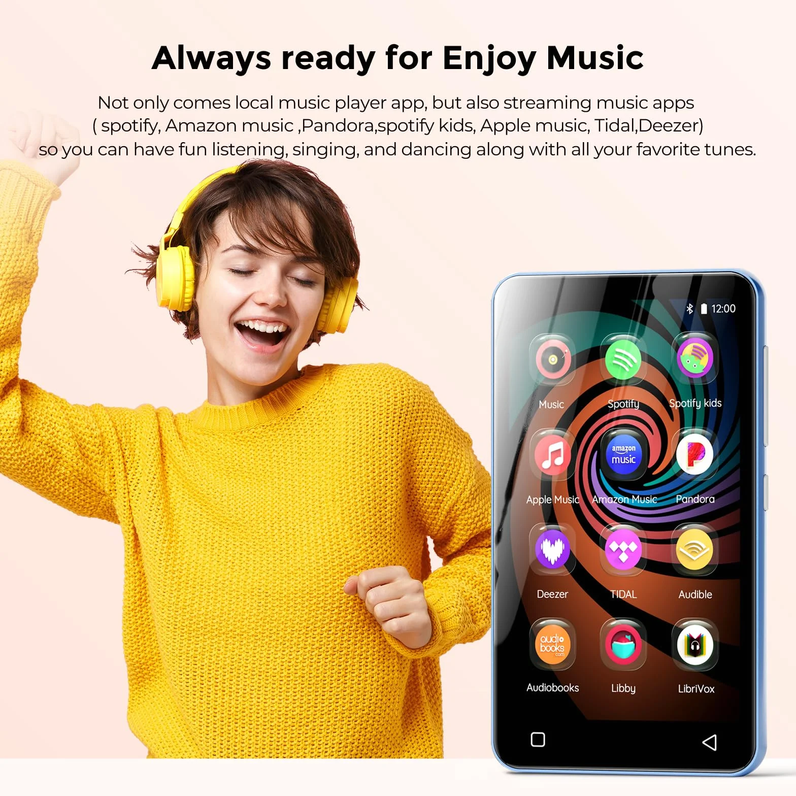 innioasis Odtwarzacz muzyczny ze Spotify, Pandora, Amazon Music, ekran dotykowy Android MP4, odtwarzacz MP3 dla dzieci z Libby, Audible, Audiobook (biało-niebieski)