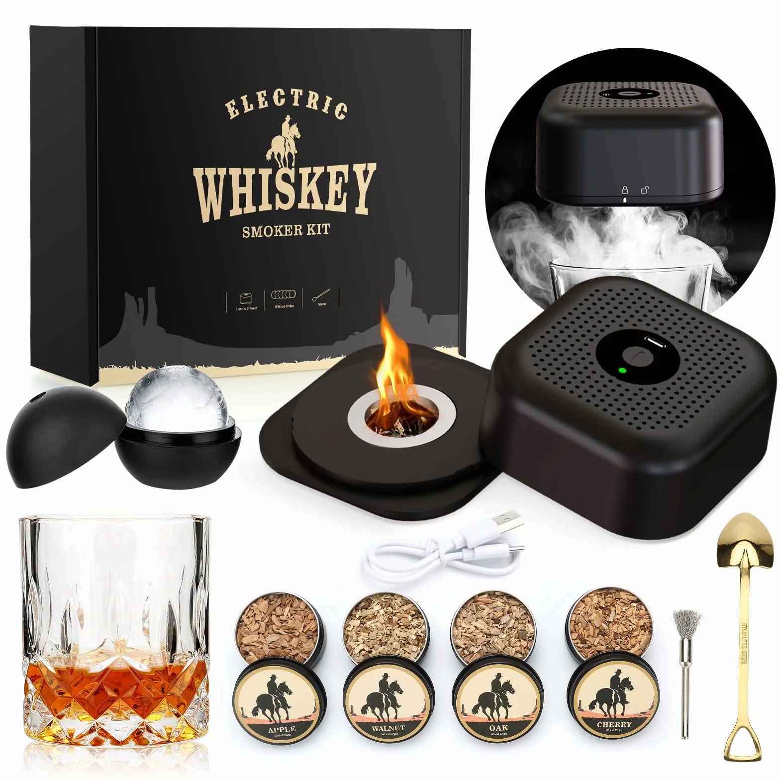 Elektryczny zestaw do wędzarni whisky z 4 drewnianymi wiórami, szklanką do whisky i formą do lodów, zestaw do wielokrotnego ładowania, staromodny dym, prezenty urodzinowe dla mężczyzn, taty, męża