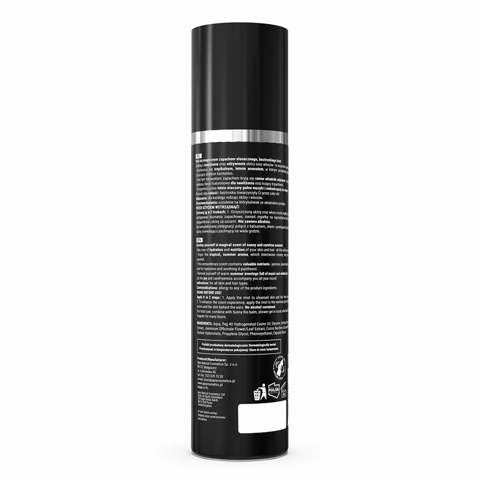APIS SUNNY RIO spray do ciała i włosów, 150 ml, z jaśminem, migdałem, kokosem, kwasem hialuronowym i D-pantenolem – nawilżenie, pielęgnacja i tropikalny letni zapach