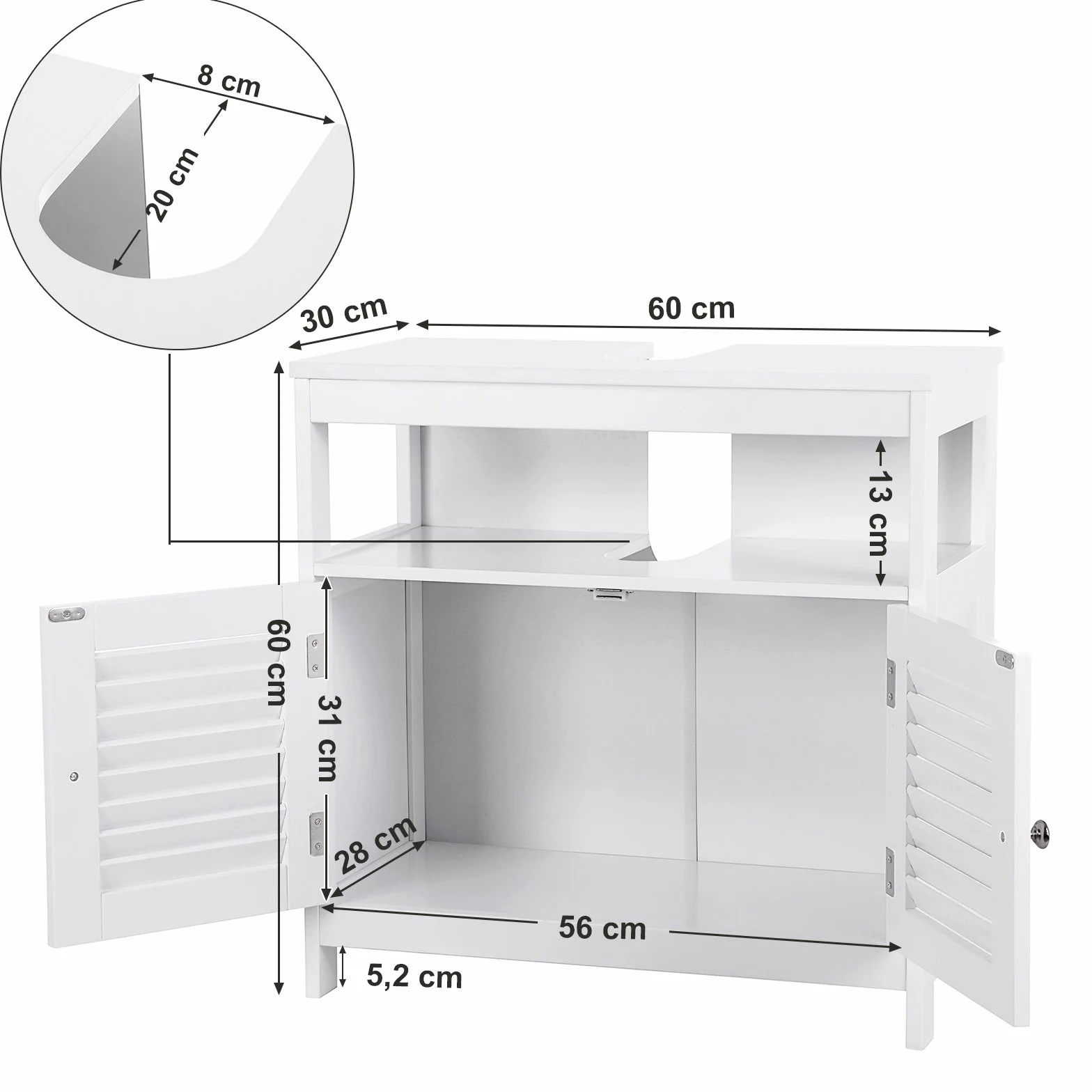 VASAGLE Szafka pod umywalkę 60x60x30 cm biała BBC02WT