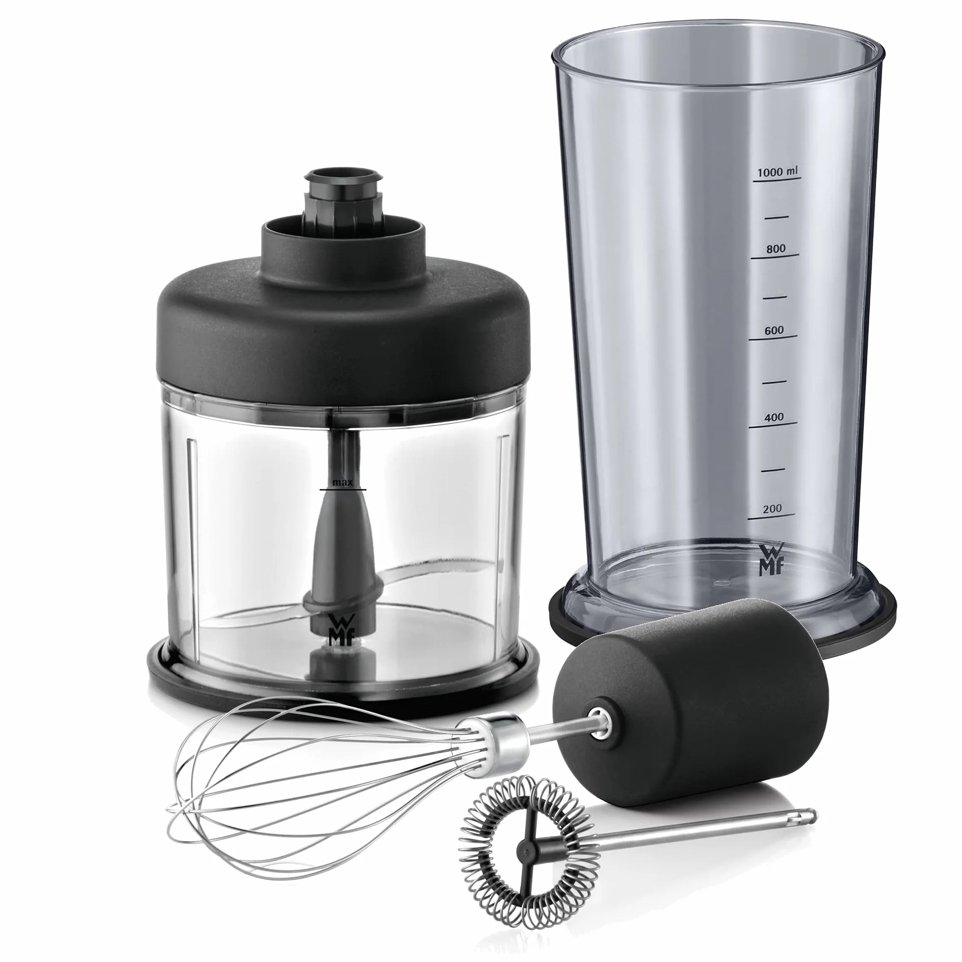 WMF Lineo 5-częściowy zestaw blenderów ręcznych, pałeczka do miksowania, trzepaczka, spieniacz do mleka, rozdrabniacz, 700 W, różdżka z pojemnikiem 1 l, stal nierdzewna matowa